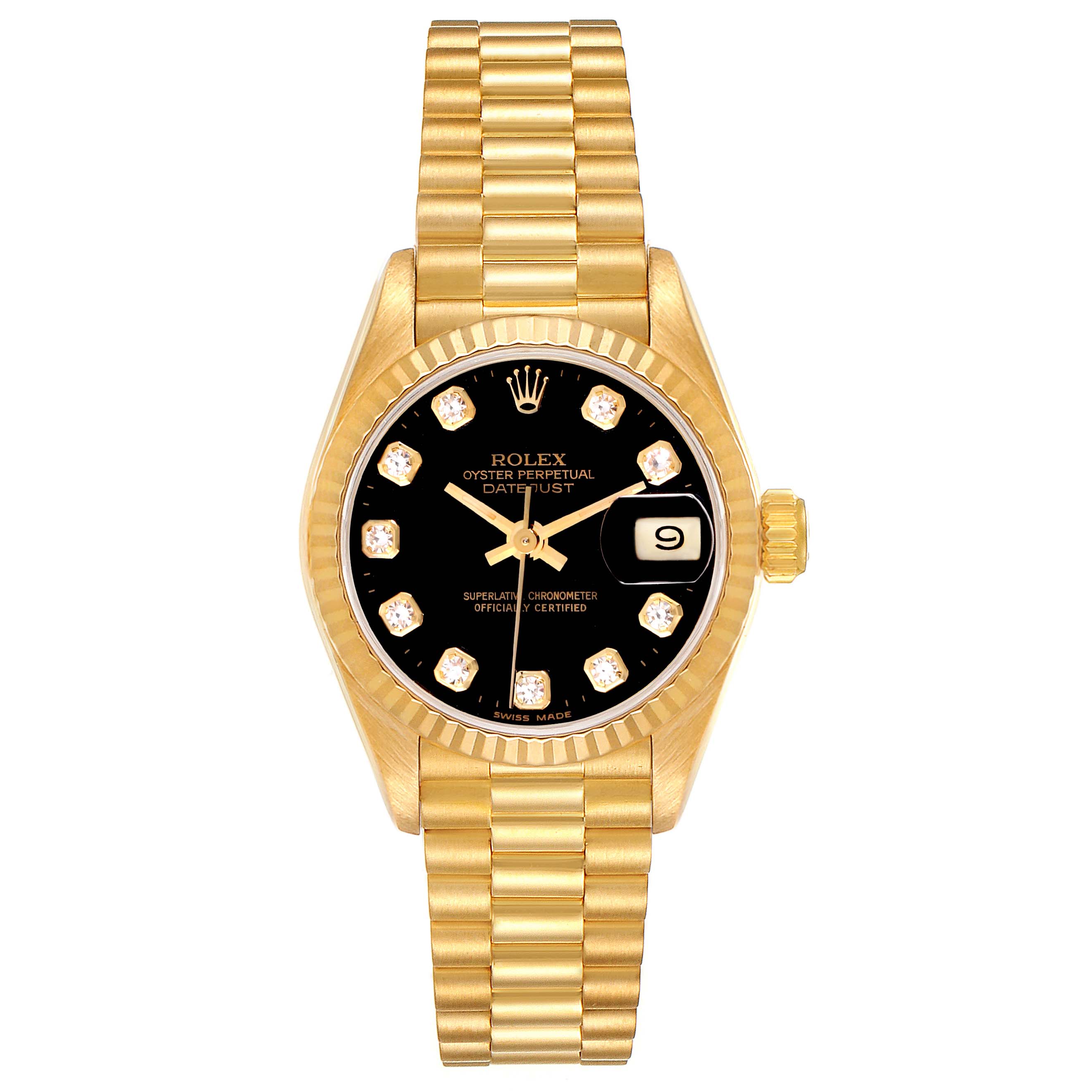 This Rolex President 69178 Women's Yellow Gold Black Dial 69178 Women's Yellow Gold Black Dial model watch is shown from a top-down angle, displaying the dial, bezel, and bracelet.