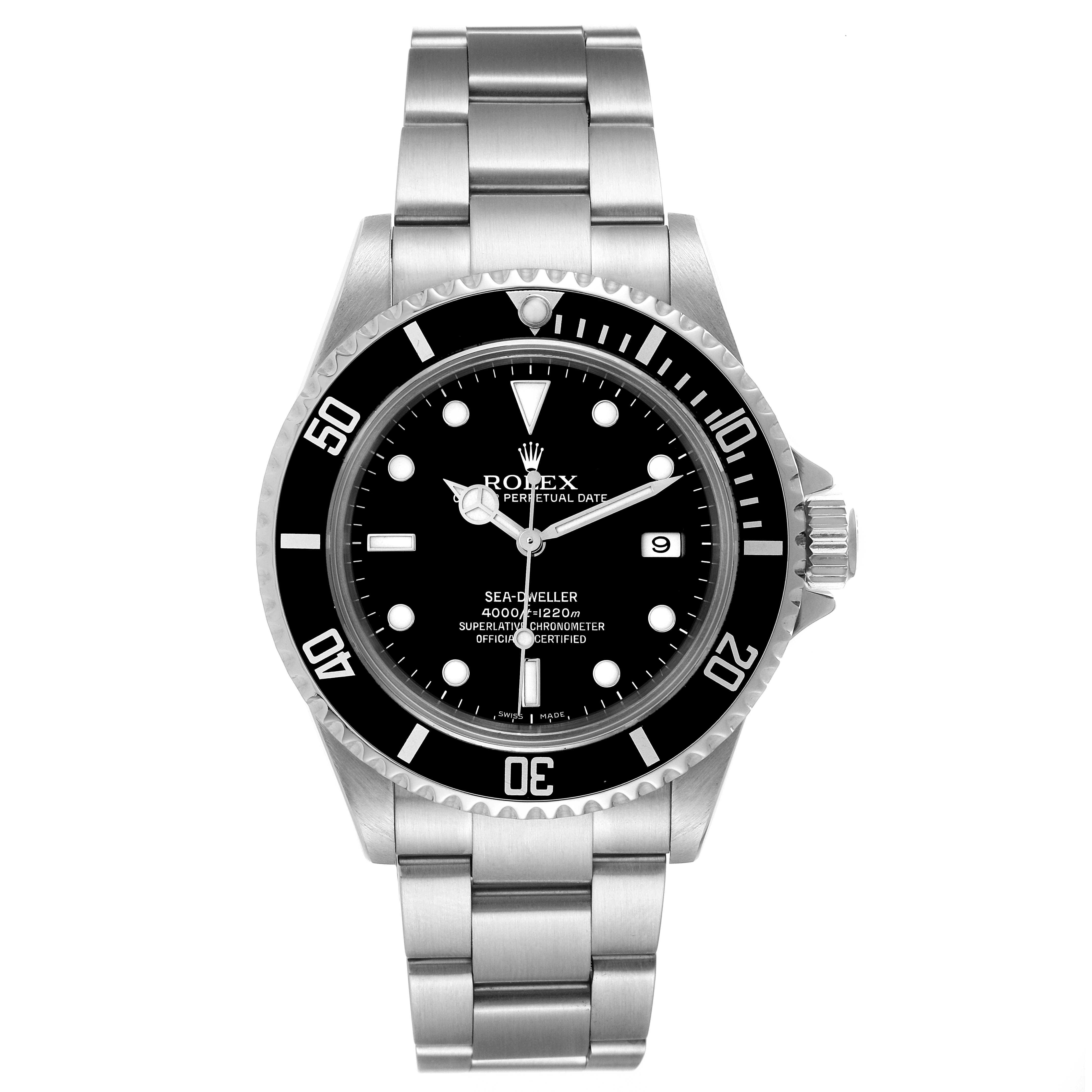 The image shows a front view of the Rolex Sea-Dweller 16600T Men's Stainless Steel Black Dial 16600T Men's Stainless Steel Black Dial watch, displaying the dial, bezel, and bracelet.