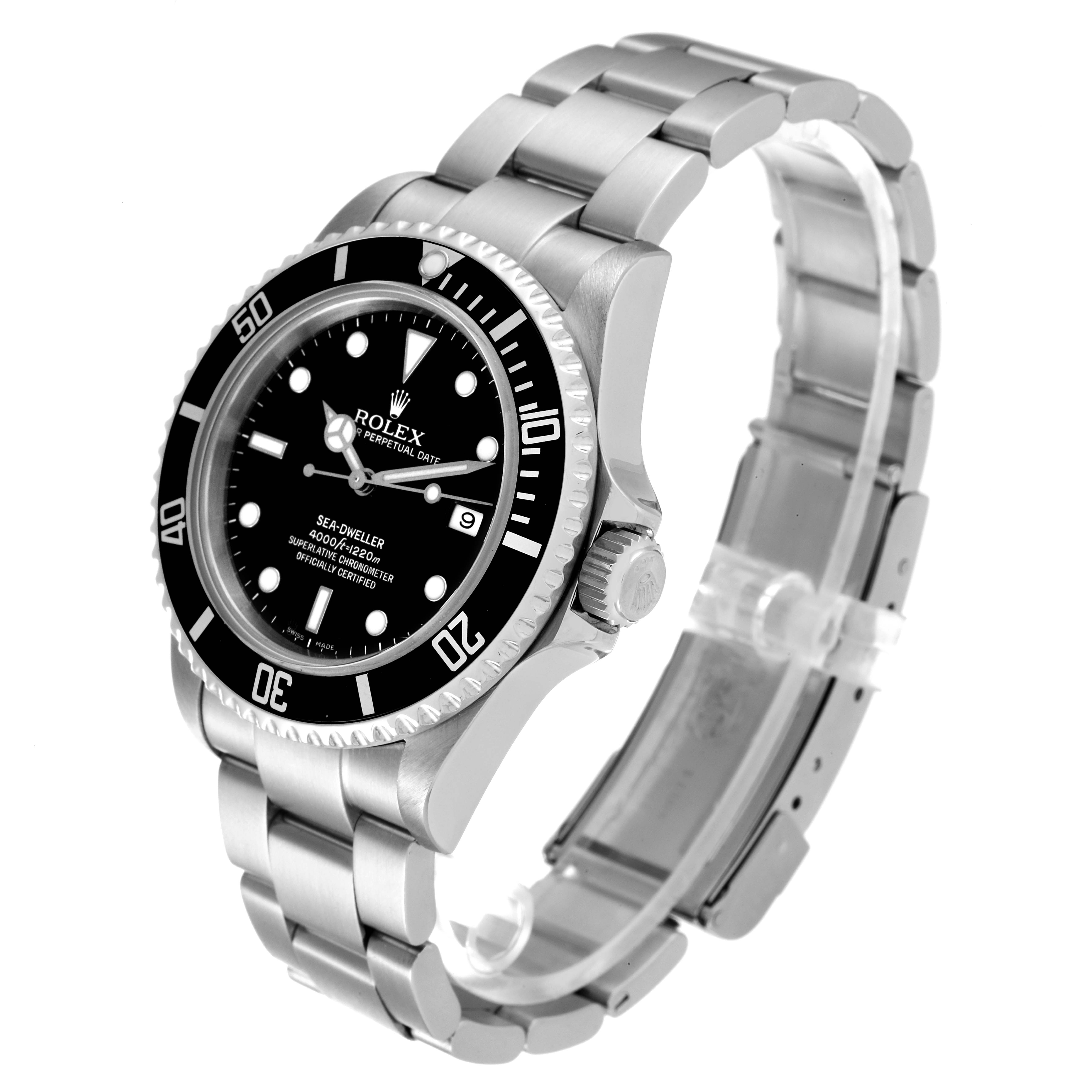 The image shows a side-angle view of a Rolex Sea-Dweller 16600T Men's Stainless Steel Black Dial 16600T Men's Stainless Steel Black Dial watch, revealing its face, bezel, crown, and bracelet.