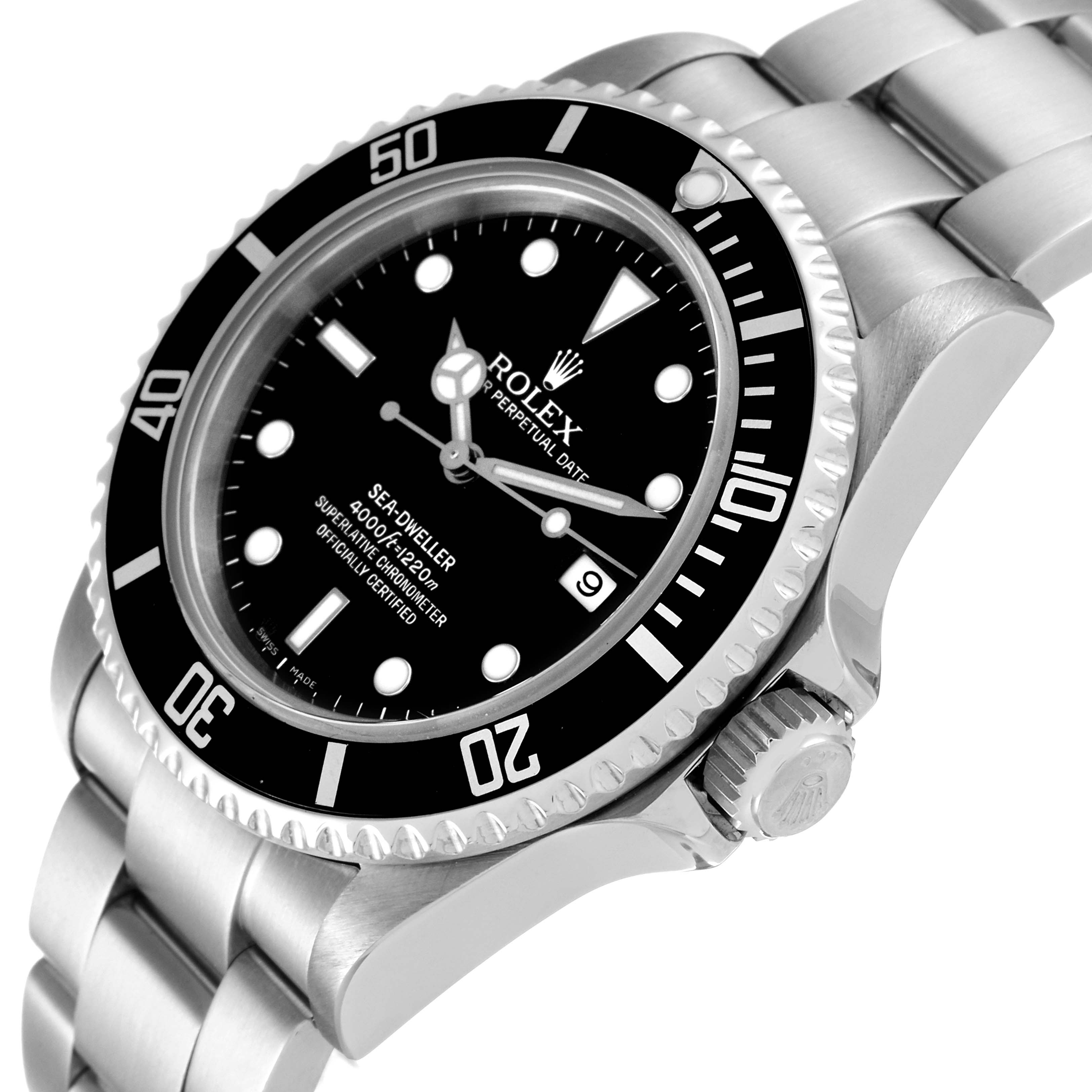 The Rolex Sea-Dweller 16600T Men's Stainless Steel Black Dial 16600T Men's Stainless Steel Black Dial watch is shown at an angled close-up view, highlighting the dial, bezel, crown, and part of the bracelet.