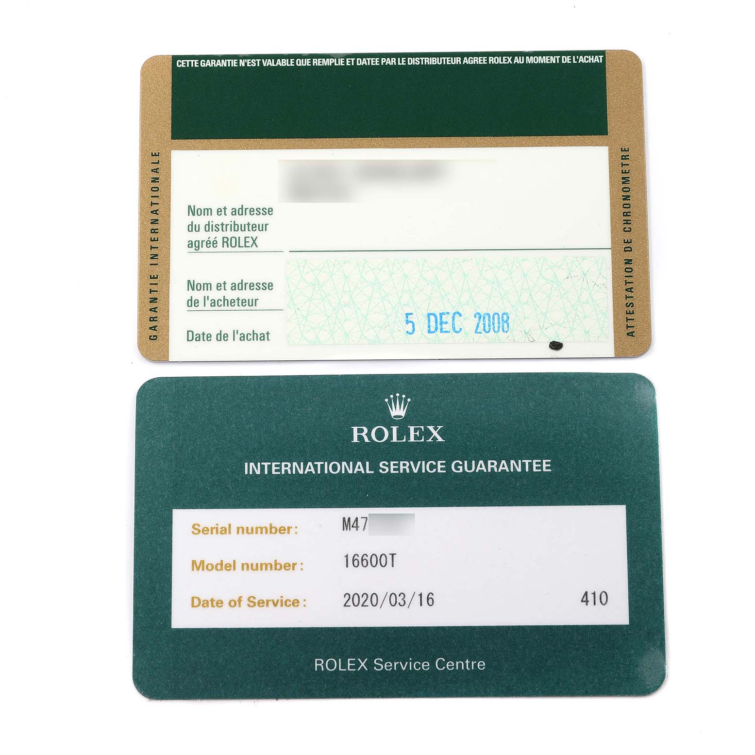 This image shows a Rolex Sea-Dweller 16600T Men's Stainless Steel Black Dial 16600T Men's Stainless Steel Black Dial model's warranty and service guarantee cards.