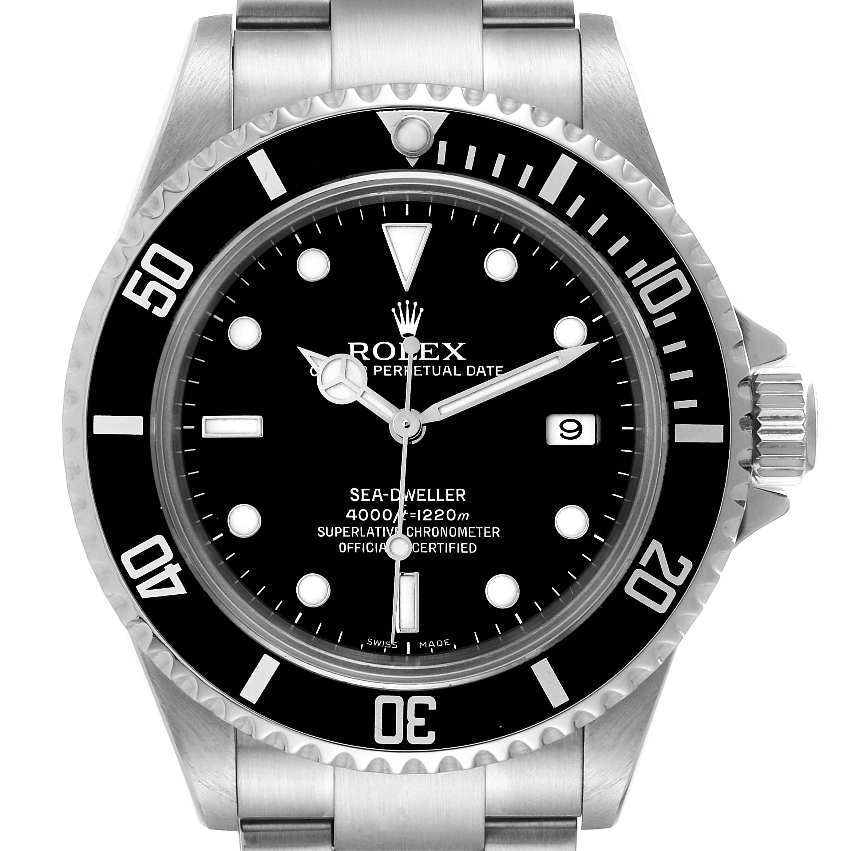 The image shows a front view of the Rolex Sea-Dweller 16600T Men's Stainless Steel Black Dial 16600T Men's Stainless Steel Black Dial watch, highlighting the dial, bezel, crown, and part of the bracelet.