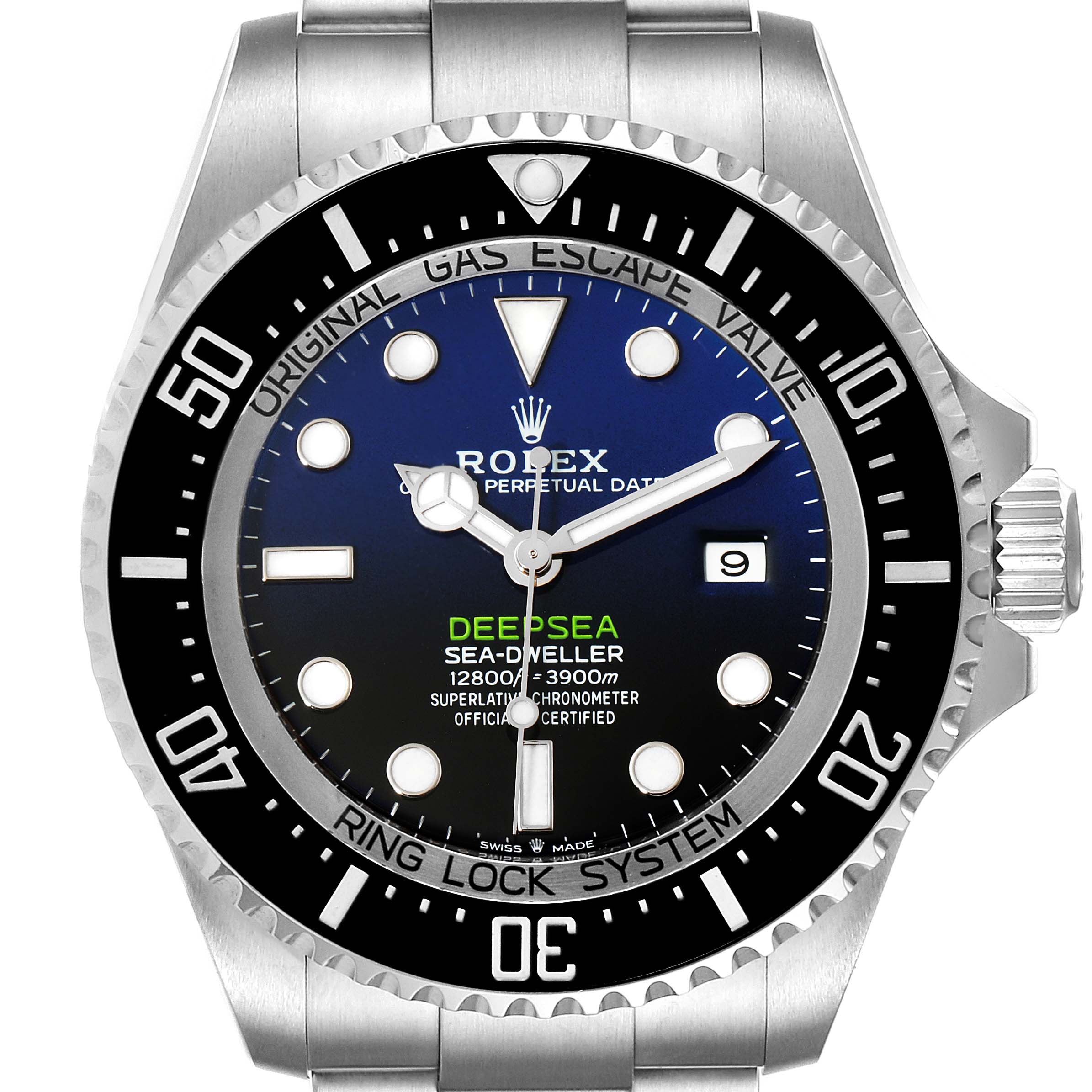 The image shows a front view of the Rolex Sea-Dweller 126660 Men
s Stainless Steel Blue Dial 126660 Men
s Stainless Steel Blue Dial Deepsea watch, highlighting the dial, bezel, hands, and part of the bracelet.