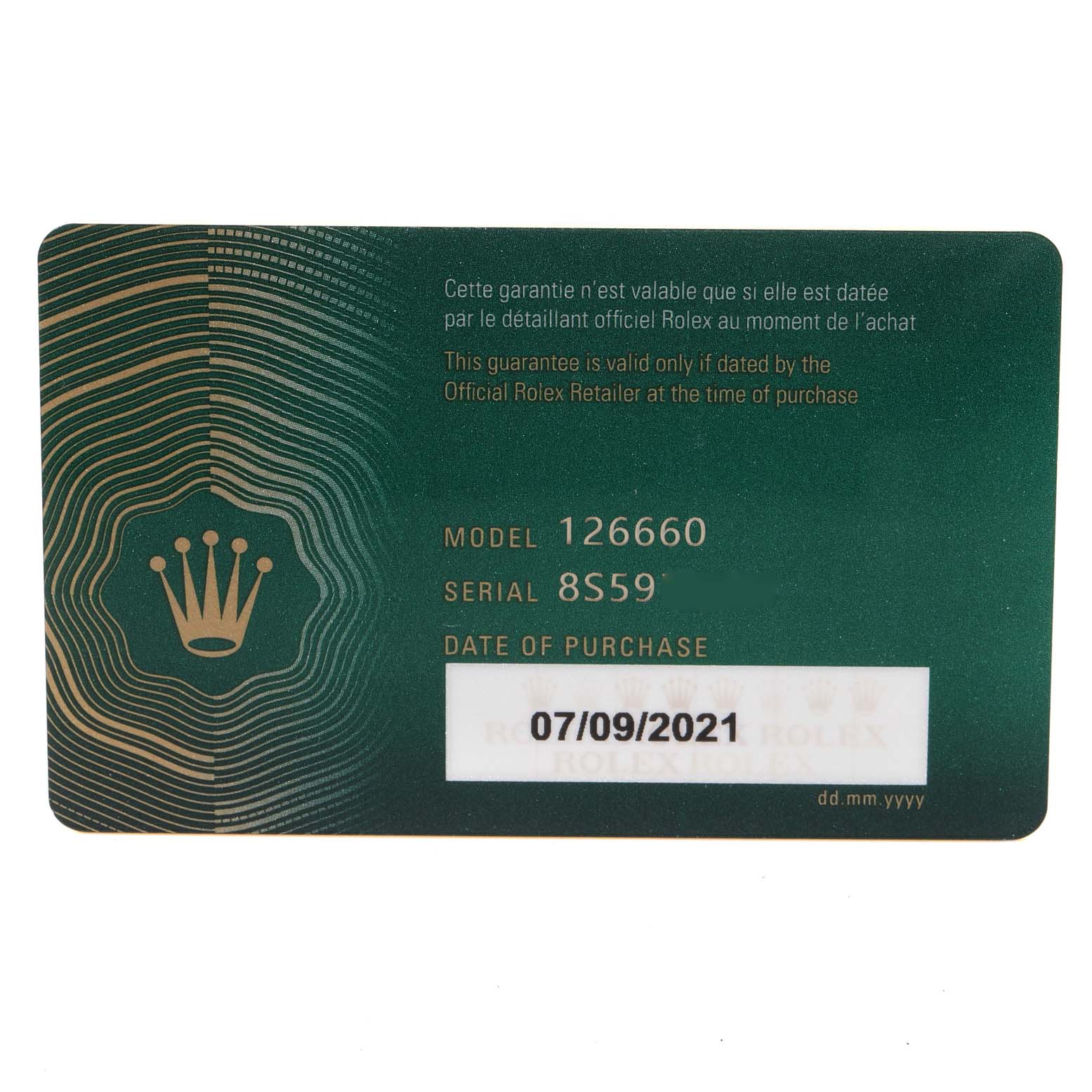 The image shows a guarantee card for the Rolex Sea-Dweller 126660 Men
s Stainless Steel Blue Dial 126660 Men
s Stainless Steel Blue Dial model, including the model number, serial number, and date of purchase.