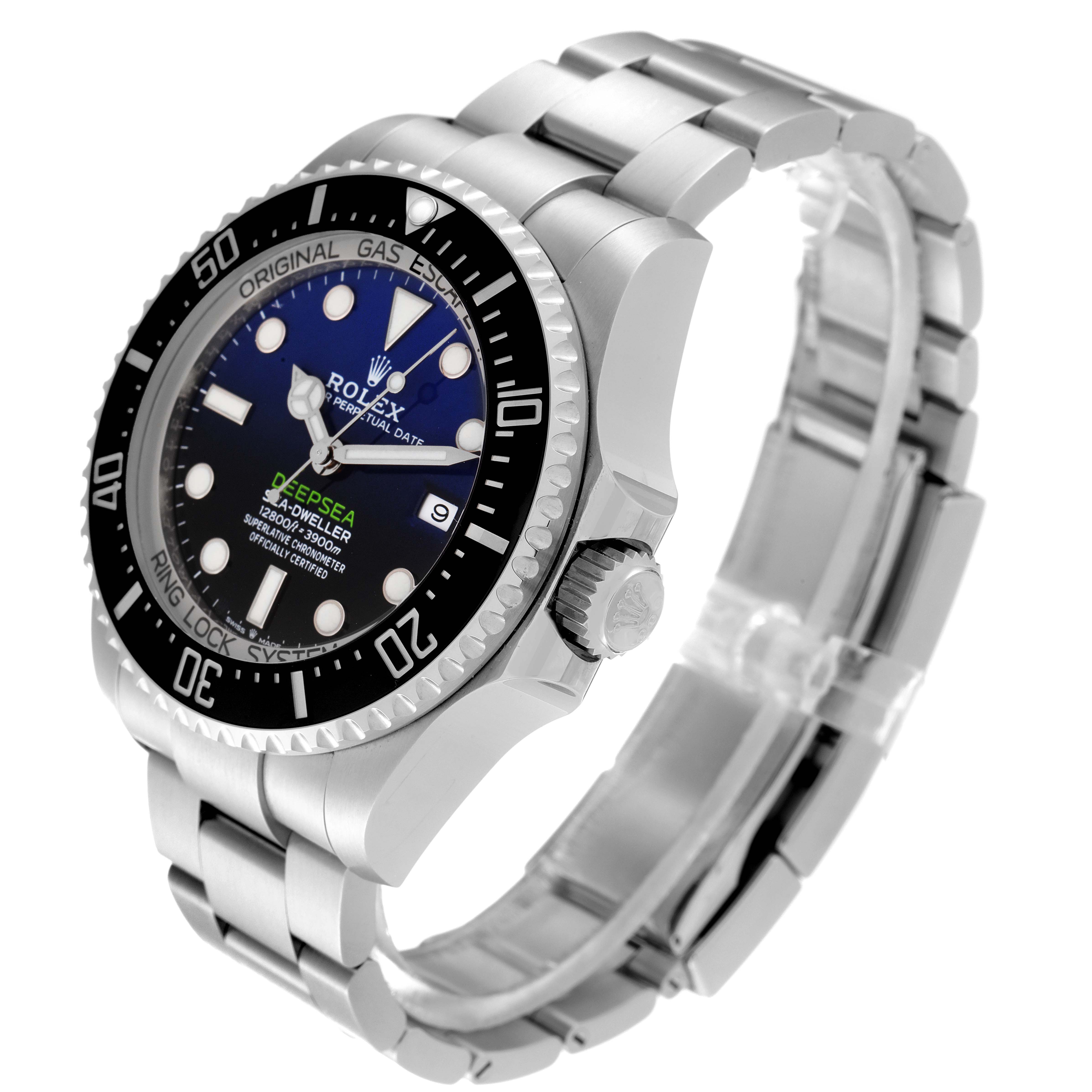 This image shows a side angle view of the Sea-Dweller model by Rolex, highlighting the face, bezel, crown, and bracelet.