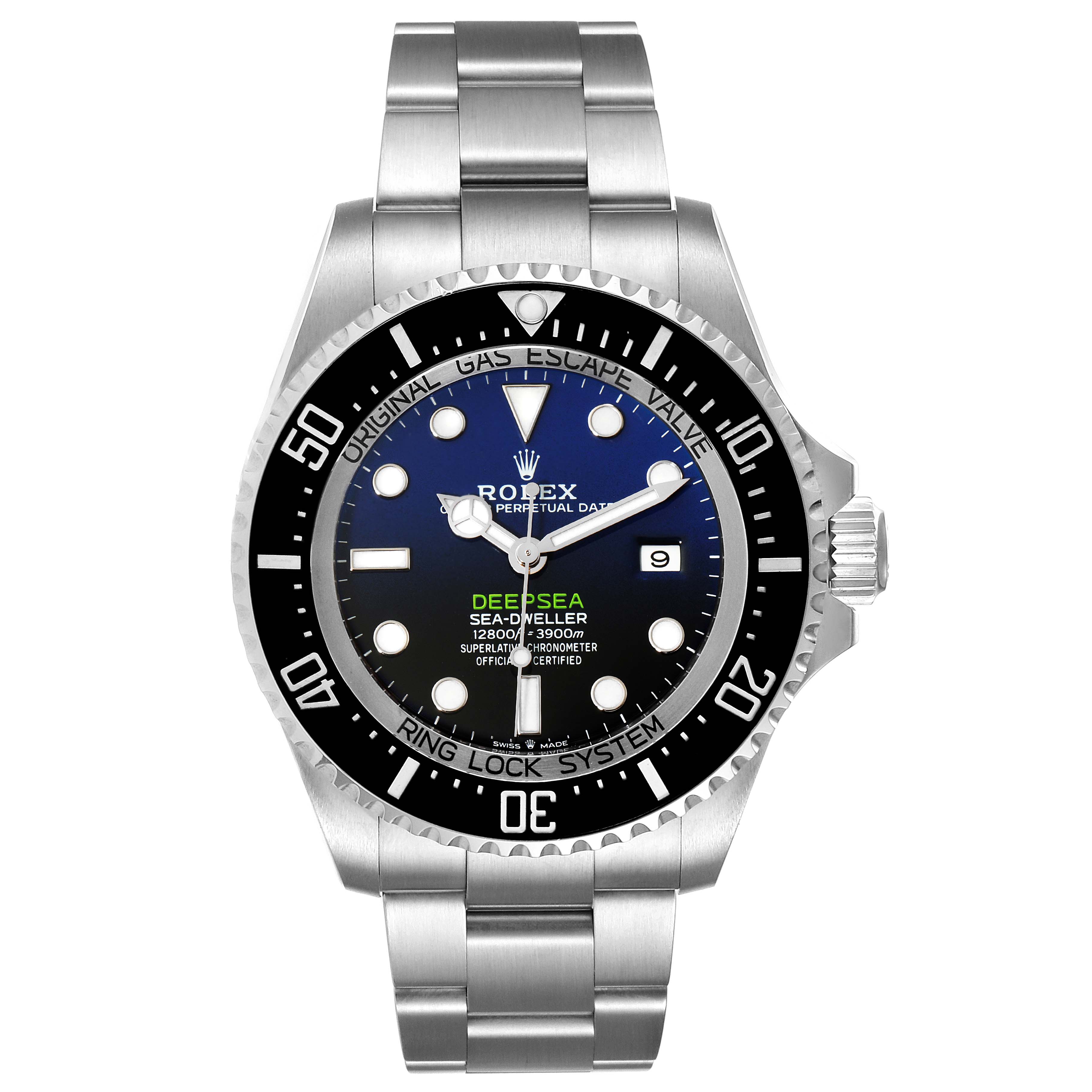 This image shows a front view of the Rolex Sea-Dweller 126660 Men
s Stainless Steel Blue Dial 126660 Men
s Stainless Steel Blue Dial Deepsea watch, displaying its dial, bezel, and bracelet.