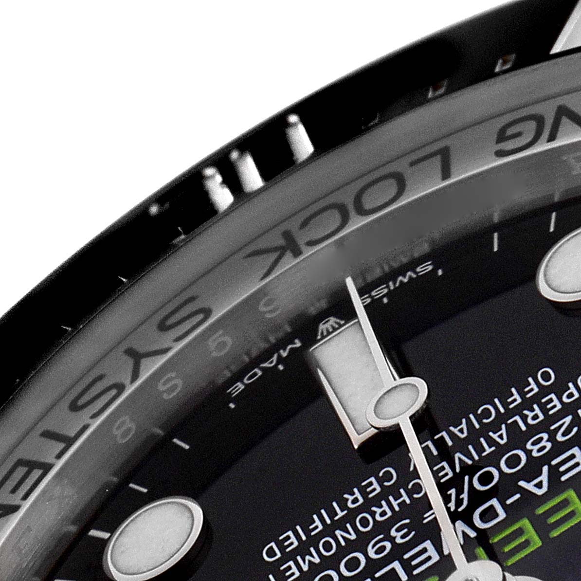 The image shows a close-up of the bezel, part of the dial, and markers of the Rolex Sea-Dweller 126660 Men
s Stainless Steel Blue Dial 126660 Men
s Stainless Steel Blue Dial watch at an angle.