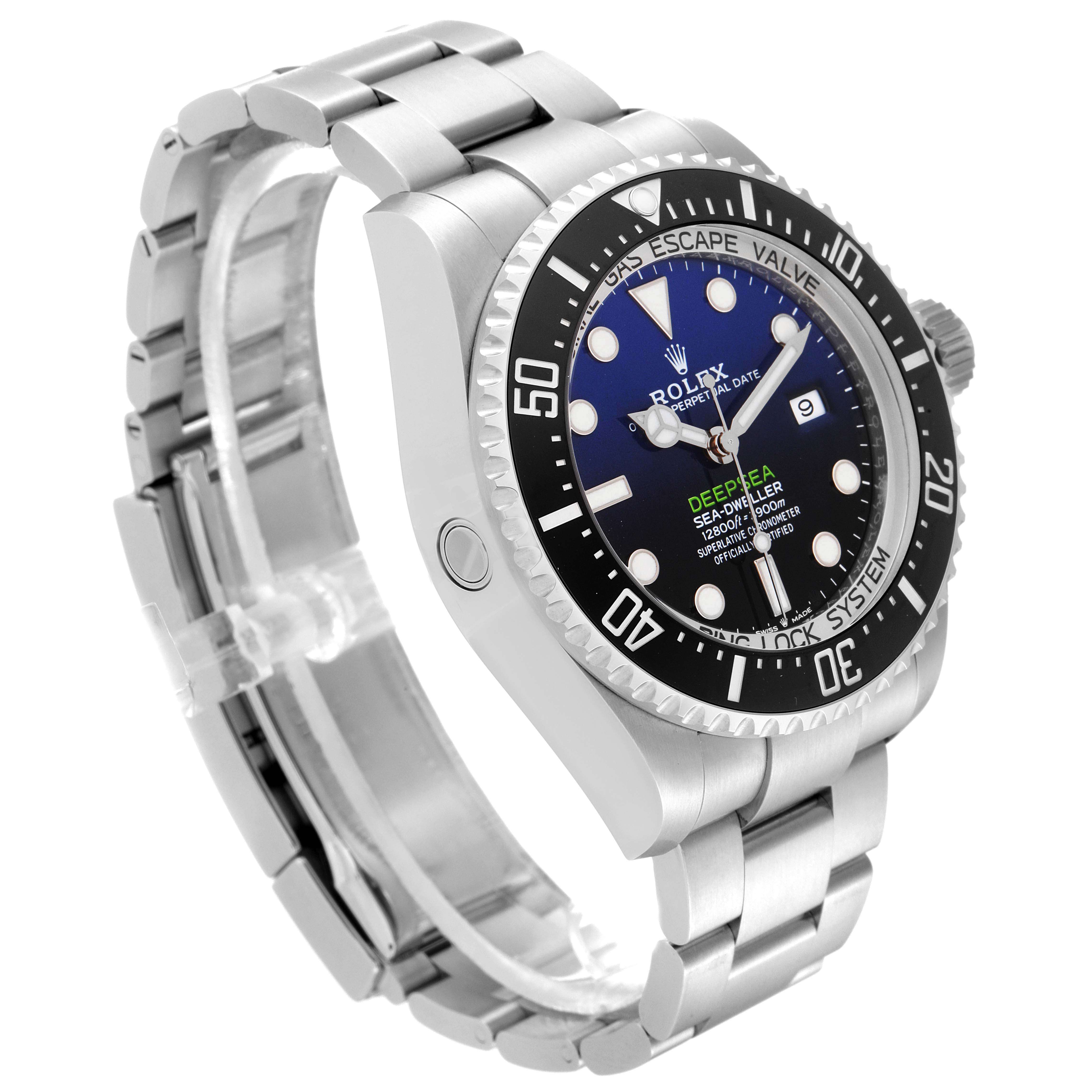 The Rolex Sea-Dweller 126660 Men
s Stainless Steel Blue Dial 126660 Men
s Stainless Steel Blue Dial watch is shown at an angle highlighting the face, bezel, crown, and bracelet.