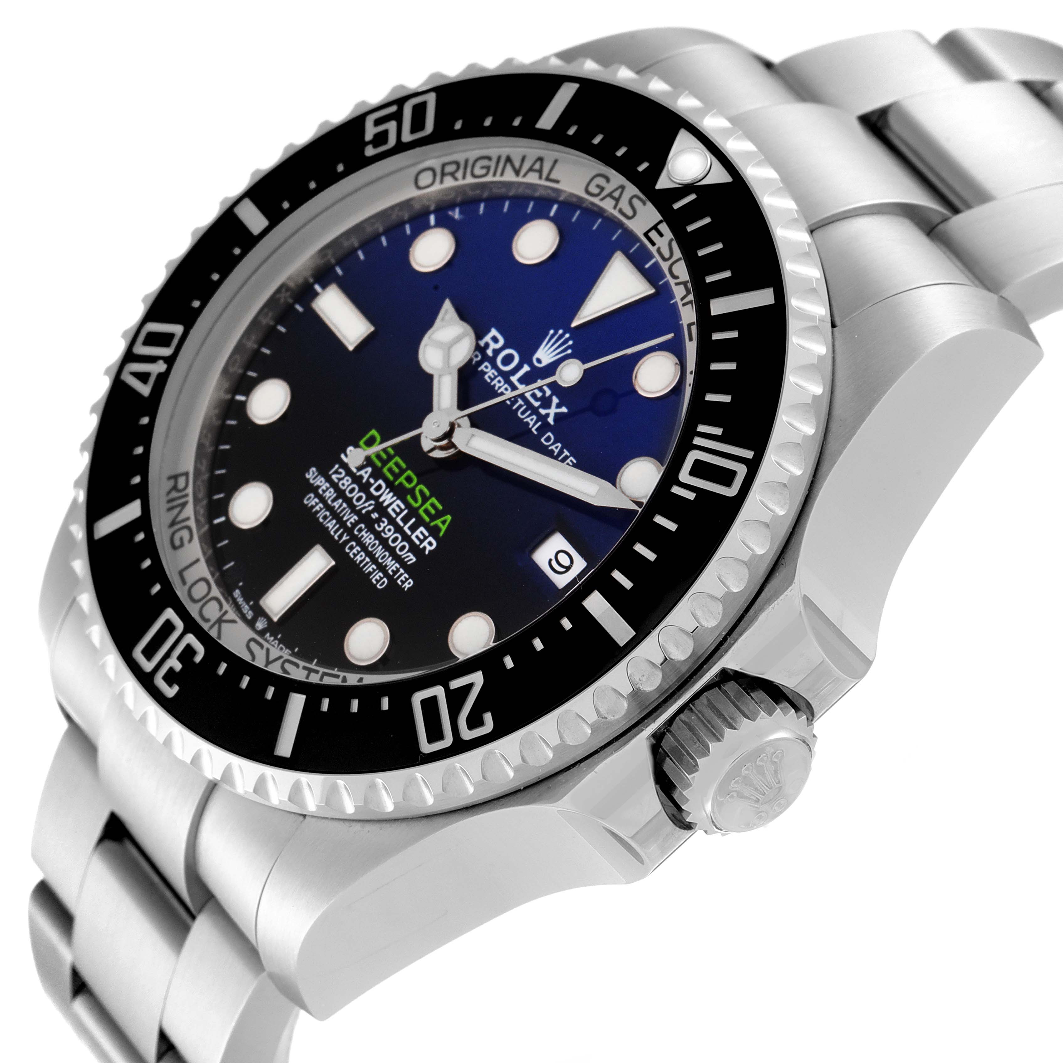 The image shows a close-up side angle of the Rolex Sea-Dweller 126660 Men
s Stainless Steel Blue Dial 126660 Men
s Stainless Steel Blue Dial watch, highlighting its face, bezel, crown, and part of the bracelet.