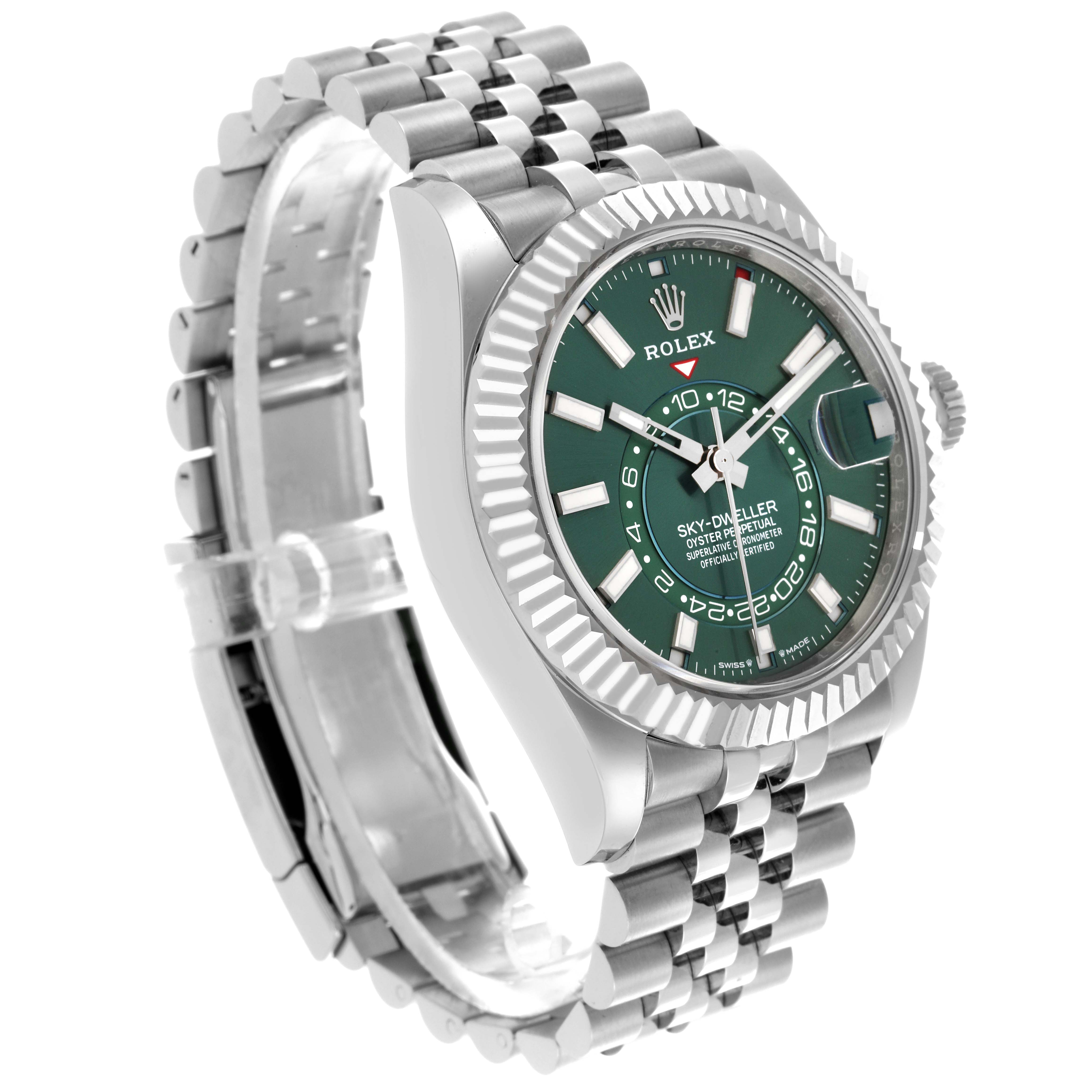 The Rolex Sky-Dweller 336934 Men
s Steel and Gold (two tone) Green Dial 336934 Men
s Steel and Gold (two tone) Green Dial watch is shown from an angled side view highlighting its green dial, bezel, and bracelet.