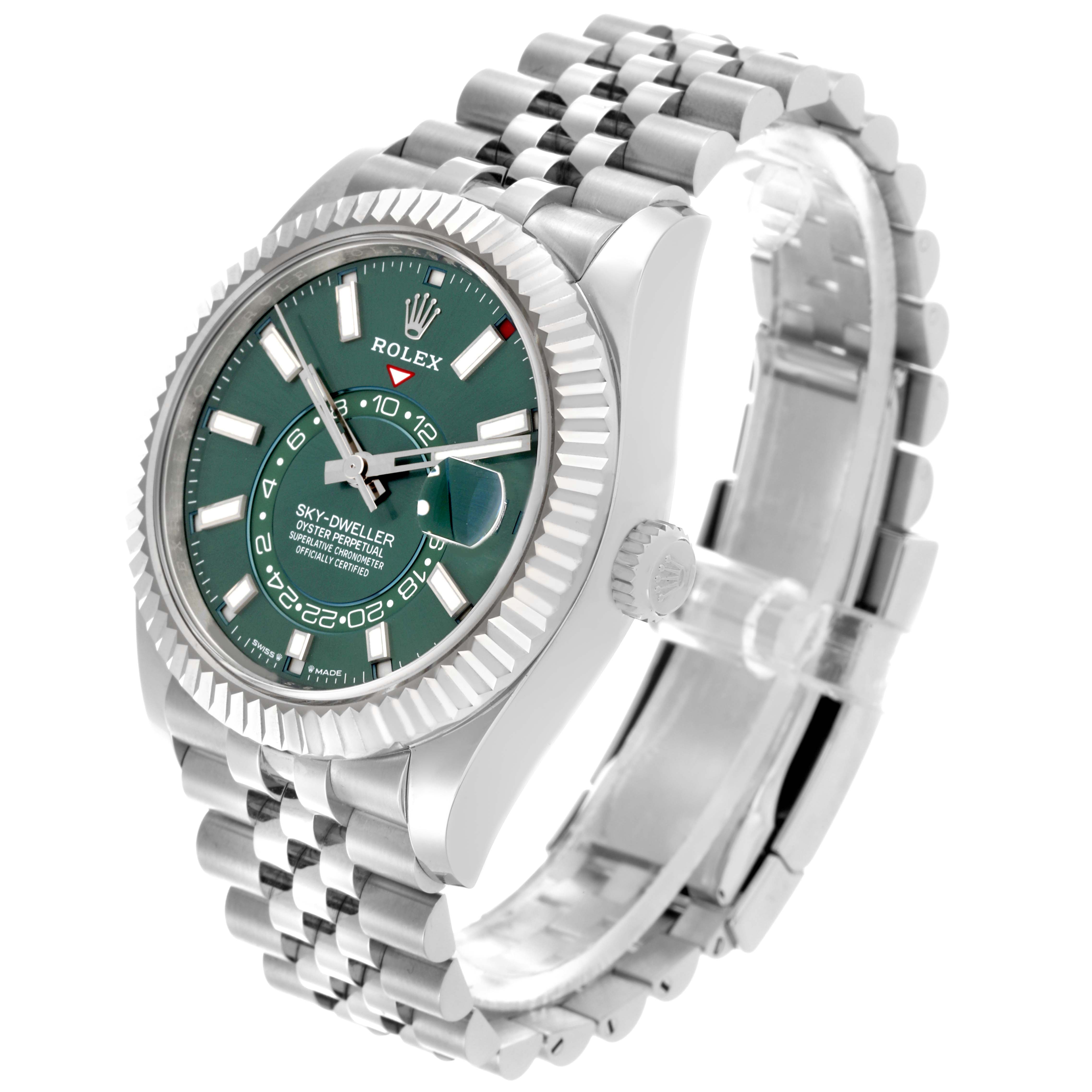 The Rolex Sky-Dweller 336934 Men
s Steel and Gold (two tone) Green Dial 336934 Men
s Steel and Gold (two tone) Green Dial watch is shown at a slight angle, displaying the face, bezel, crown, and part of the bracelet.