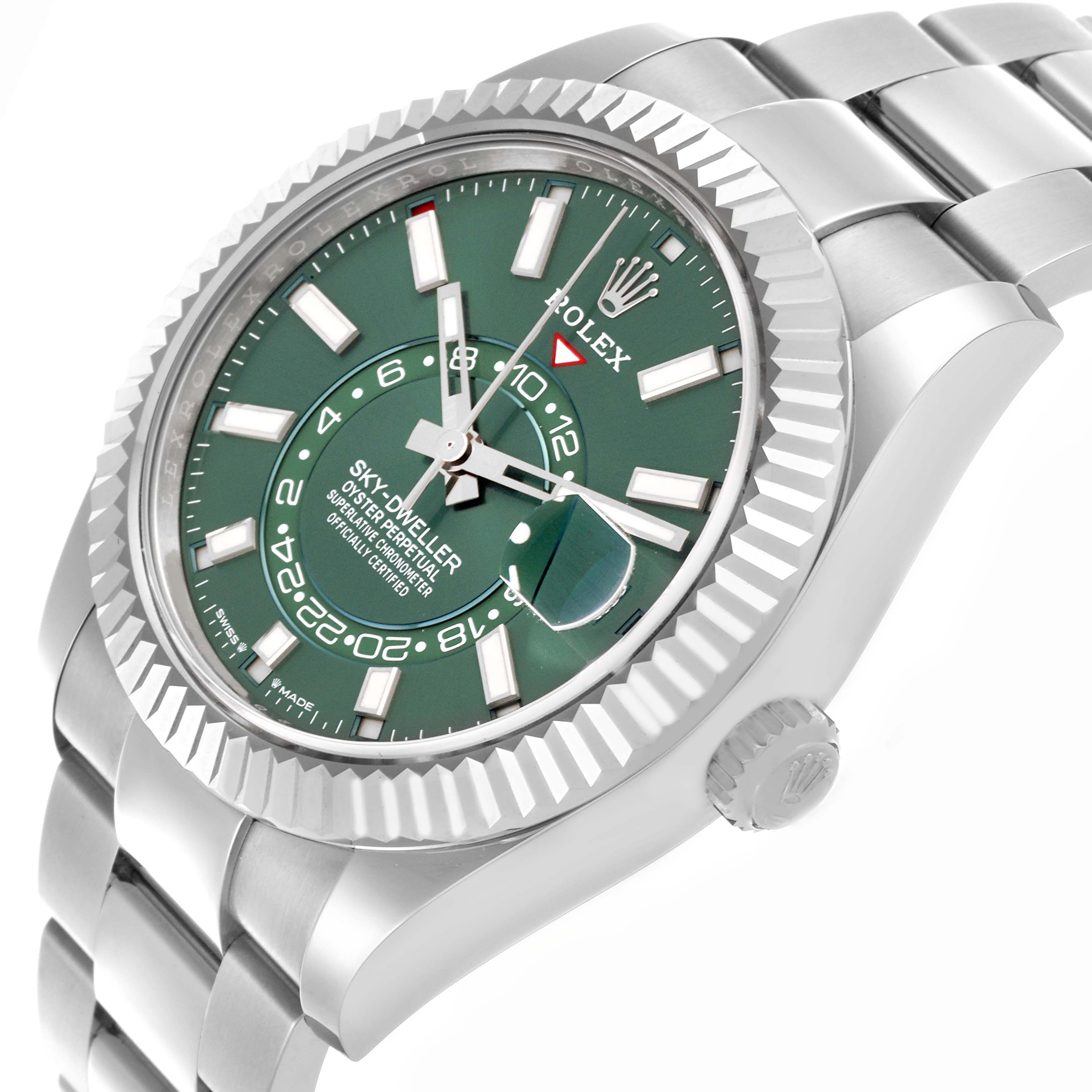 The Rolex Sky-Dweller 336934 Men
s Stainless Steel Green Dial 336934 Men
s Stainless Steel Green Dial watch is shown at an angle highlighting its green dial, bezel, crown, and bracelet.