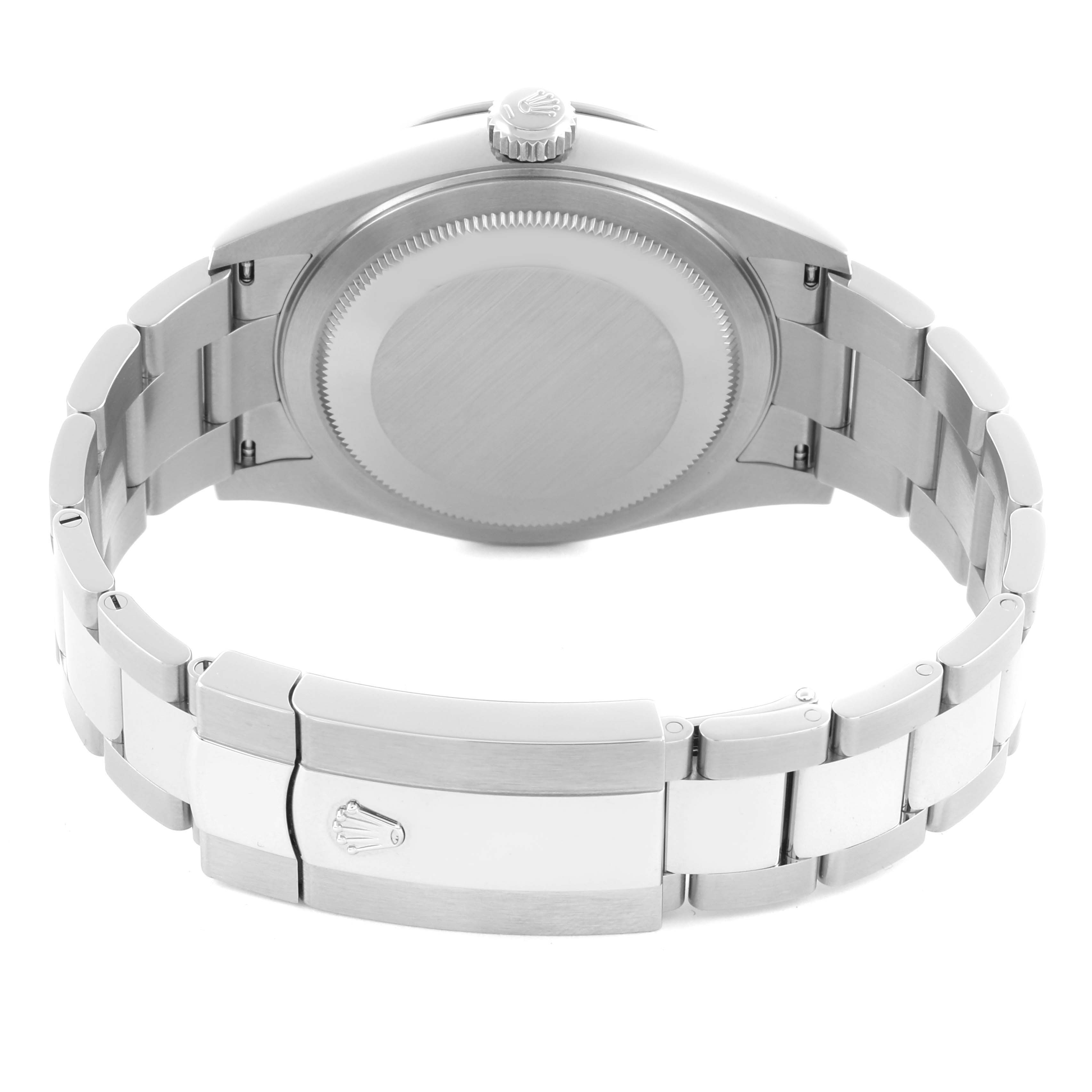 The image shows the back case and bracelet clasp of a Rolex Sky-Dweller 336934 Men
s Stainless Steel Green Dial 336934 Men
s Stainless Steel Green Dial watch from a rear angle.