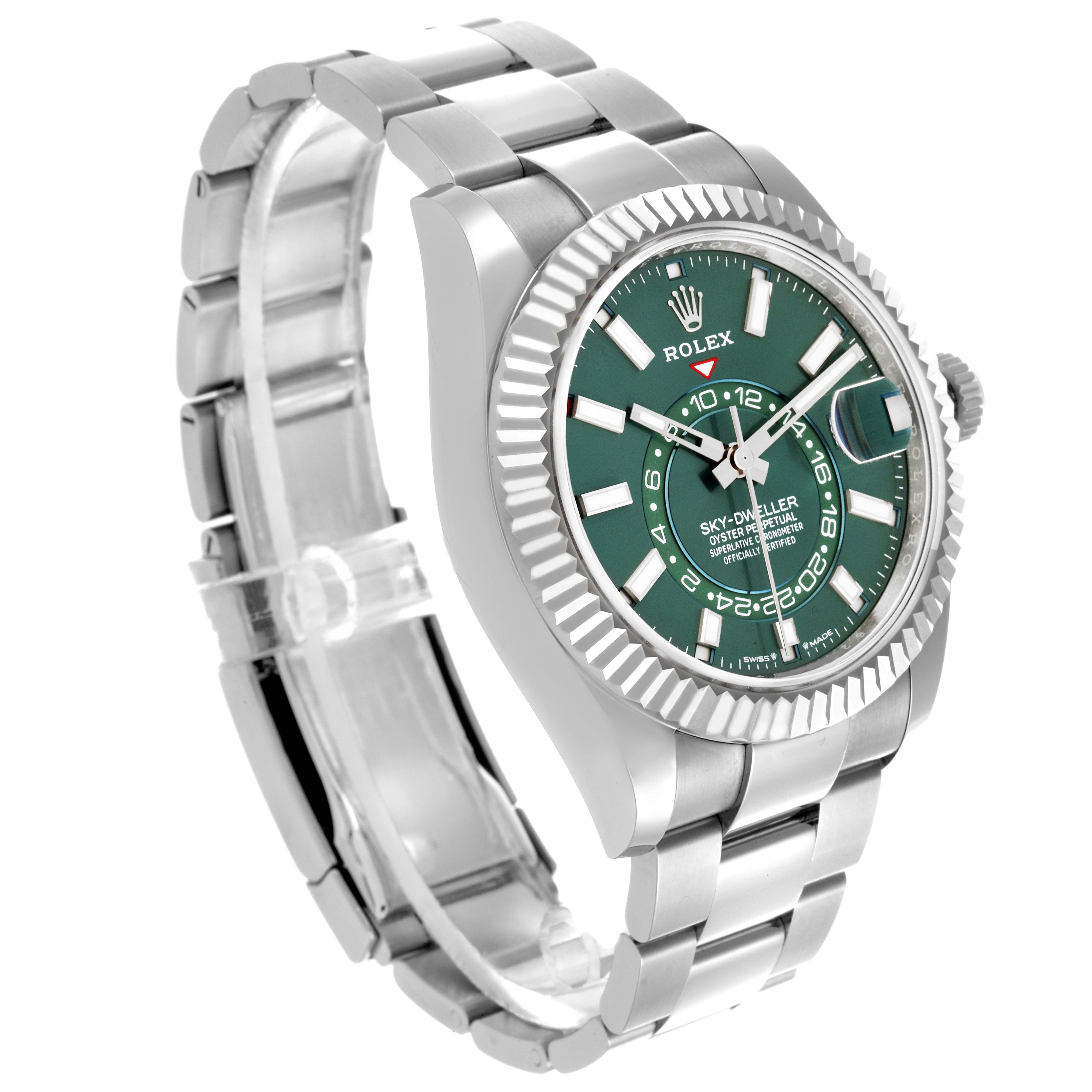The Rolex Sky-Dweller 336934 Men
s Stainless Steel Green Dial 336934 Men
s Stainless Steel Green Dial watch is shown at a three-quarter angle, displaying the face, bezel, and bracelet.