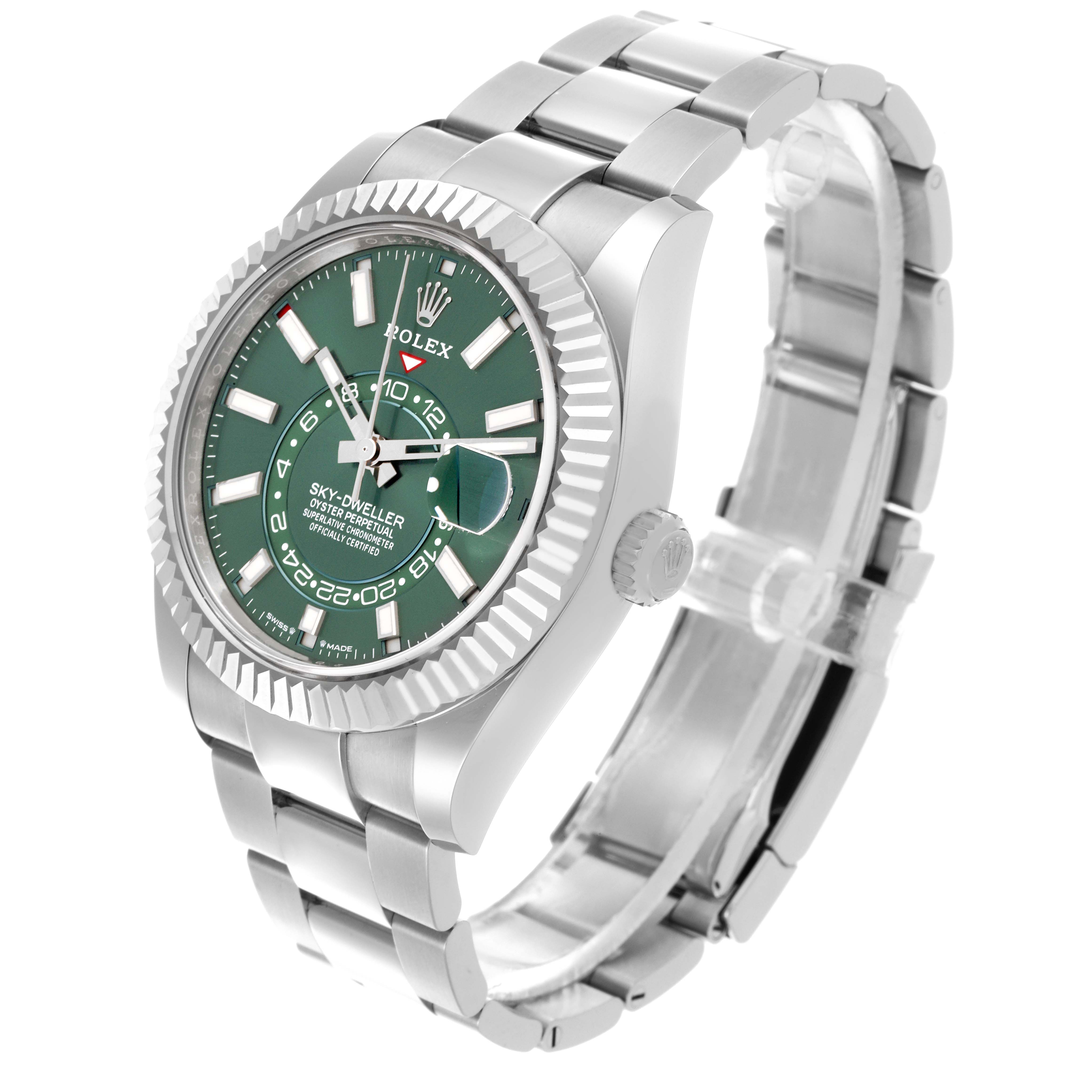 The Rolex Sky-Dweller 336934 Men
s Stainless Steel Green Dial 336934 Men
s Stainless Steel Green Dial watch is shown at an angle highlighting the face, bezel, and part of the bracelet.