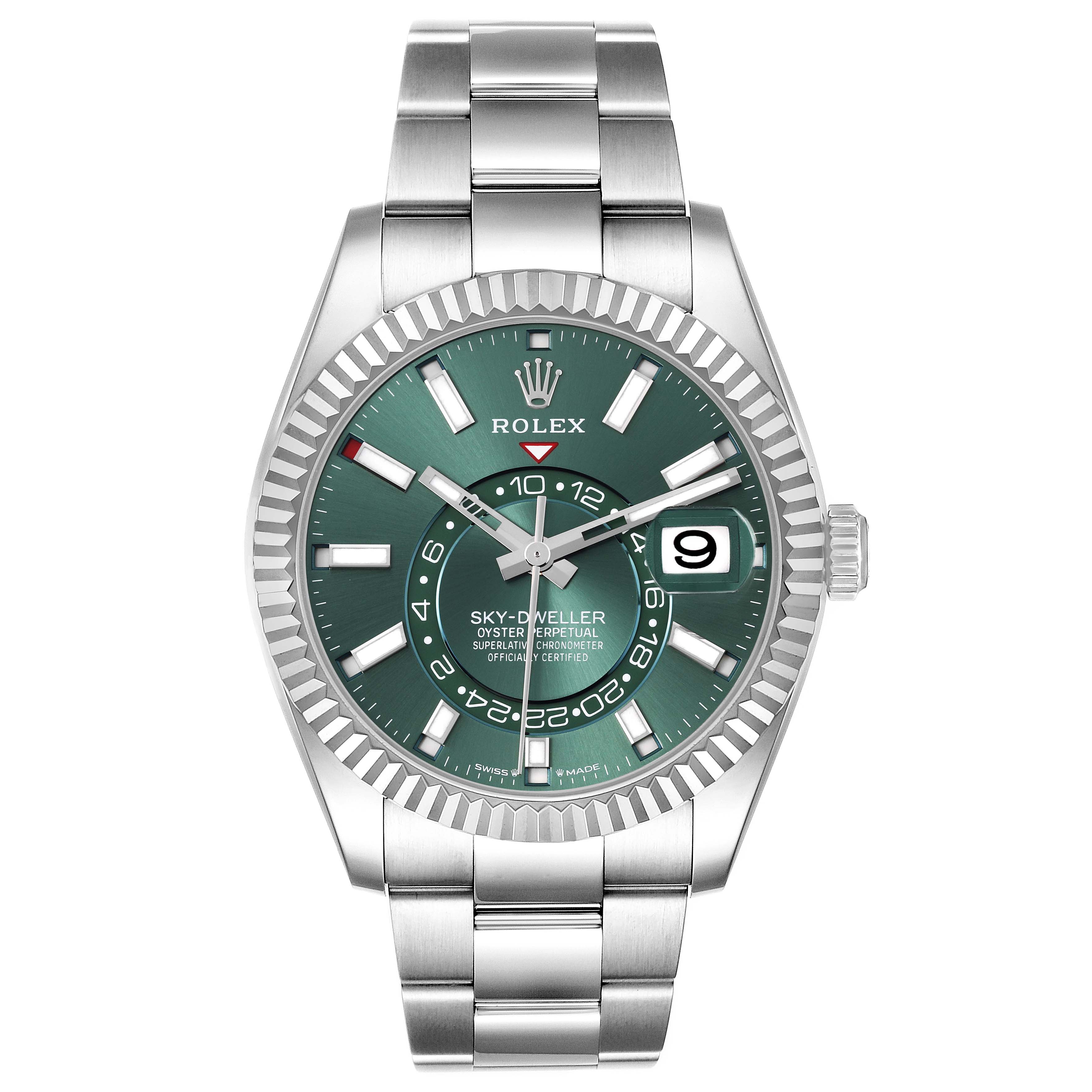 The Rolex Sky-Dweller 336934 Men
s Stainless Steel Green Dial 336934 Men
s Stainless Steel Green Dial watch is shown from a front angle, highlighting its dial, bezel, and bracelet.