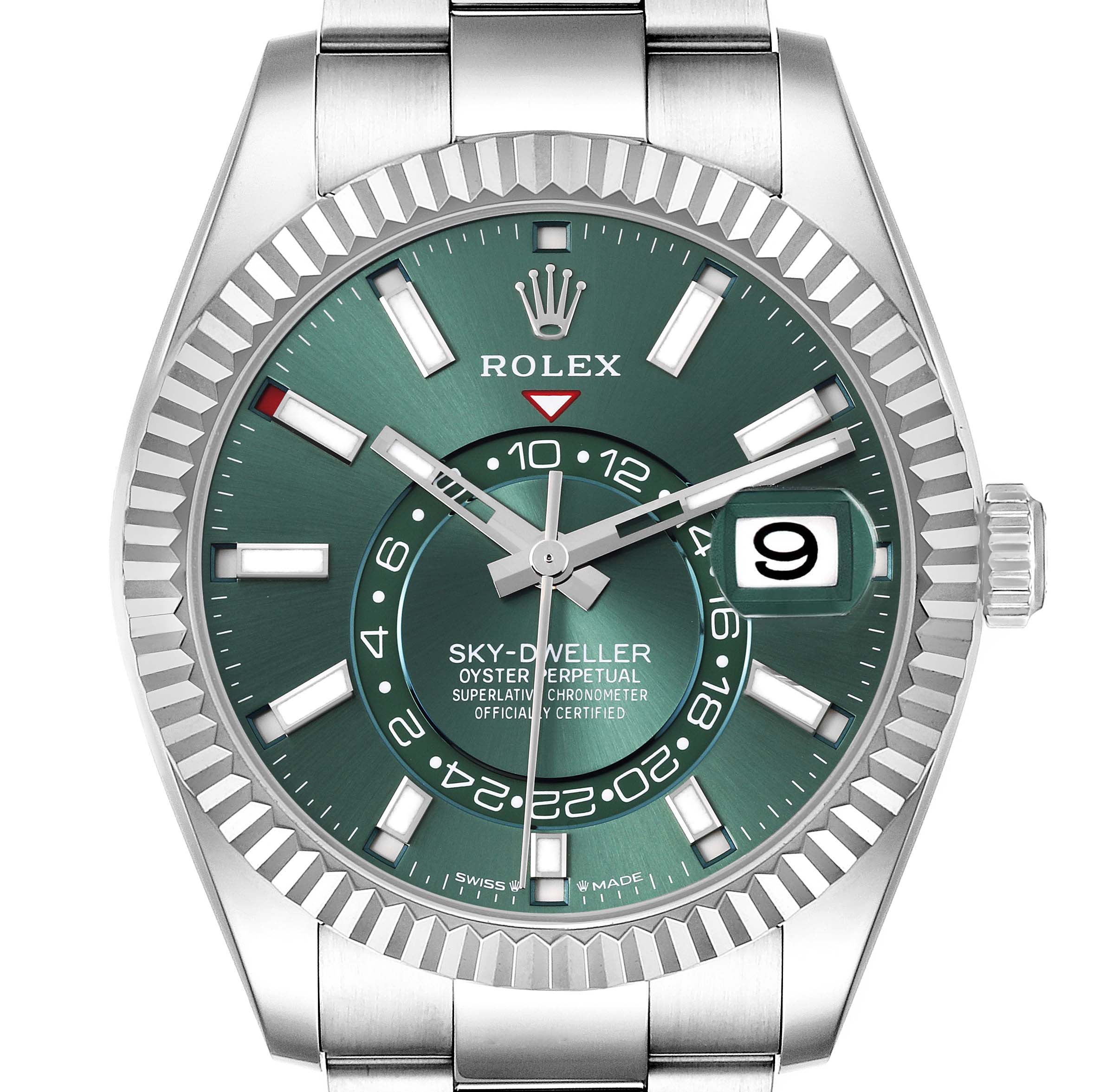 The Rolex Sky-Dweller 336934 Men
s Stainless Steel Green Dial 336934 Men
s Stainless Steel Green Dial is shown from the front, featuring a green dial, fluted bezel, and date display.