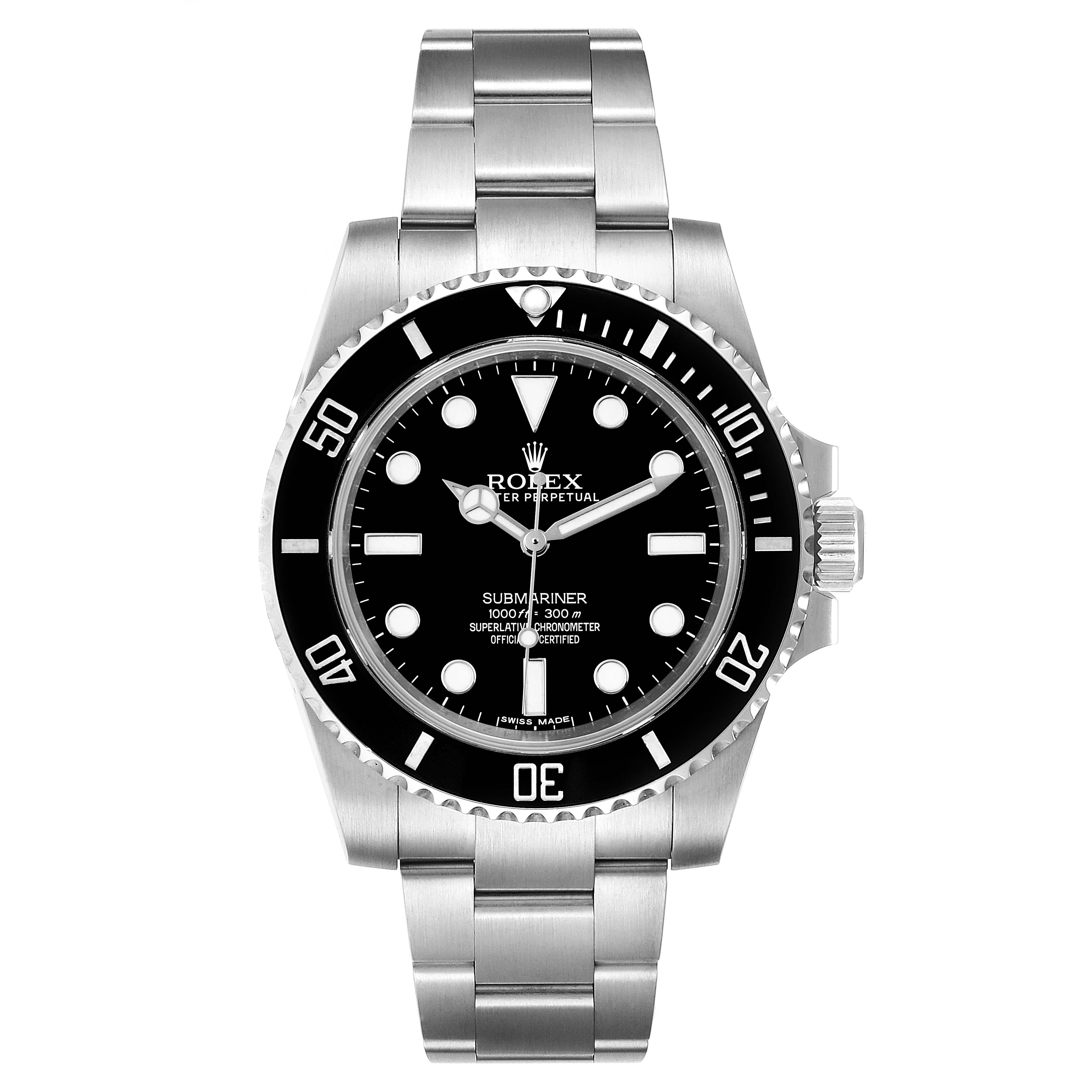 The image shows a frontal view of the Rolex Submariner 114060 Men's Stainless Steel Black Dial 114060 Men's Stainless Steel Black Dial watch, highlighting its dial, bezel, and bracelet.