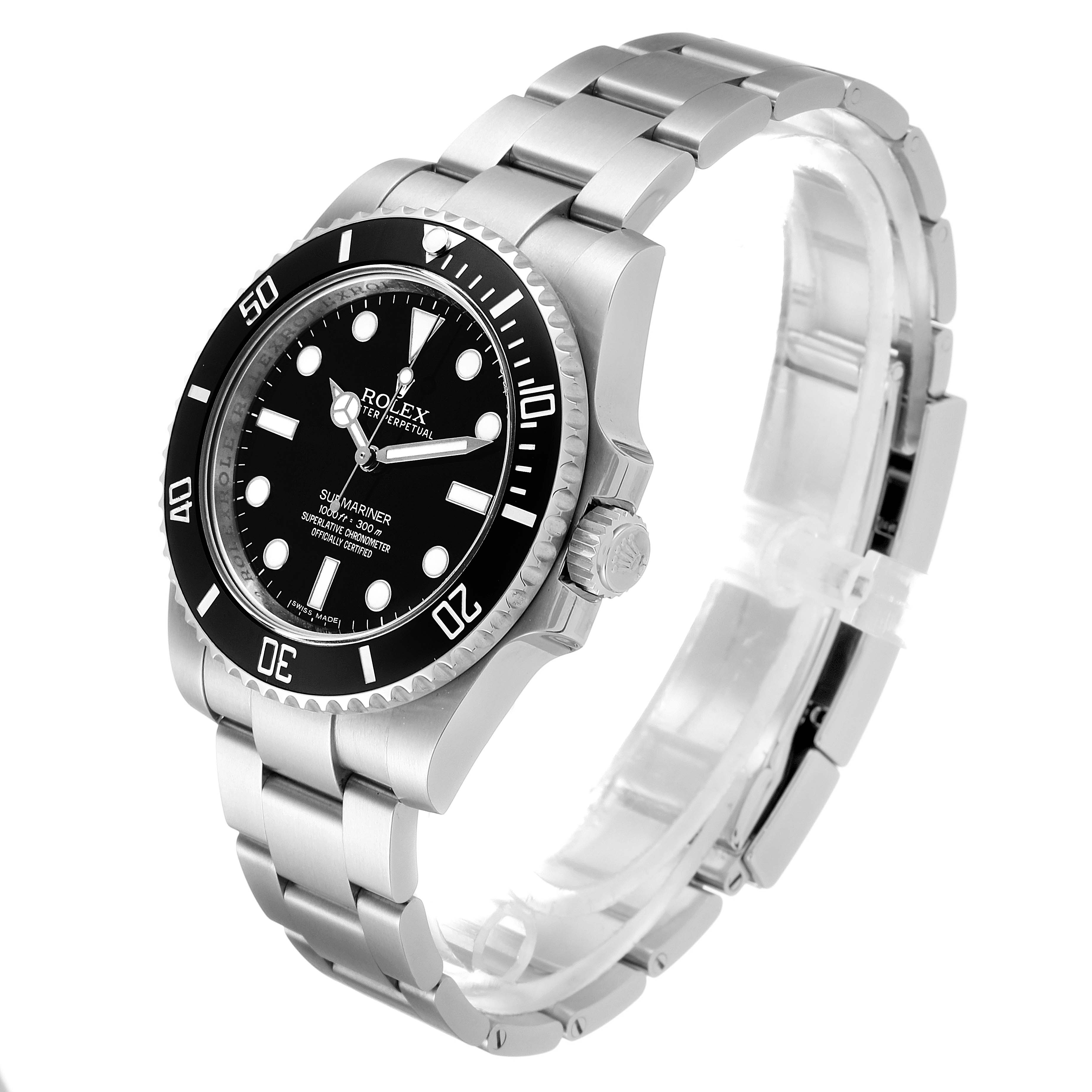 This image shows a Rolex Submariner 114060 Men's Stainless Steel Black Dial 114060 Men's Stainless Steel Black Dial watch angled to display its face, bezel, crown, and metal bracelet.