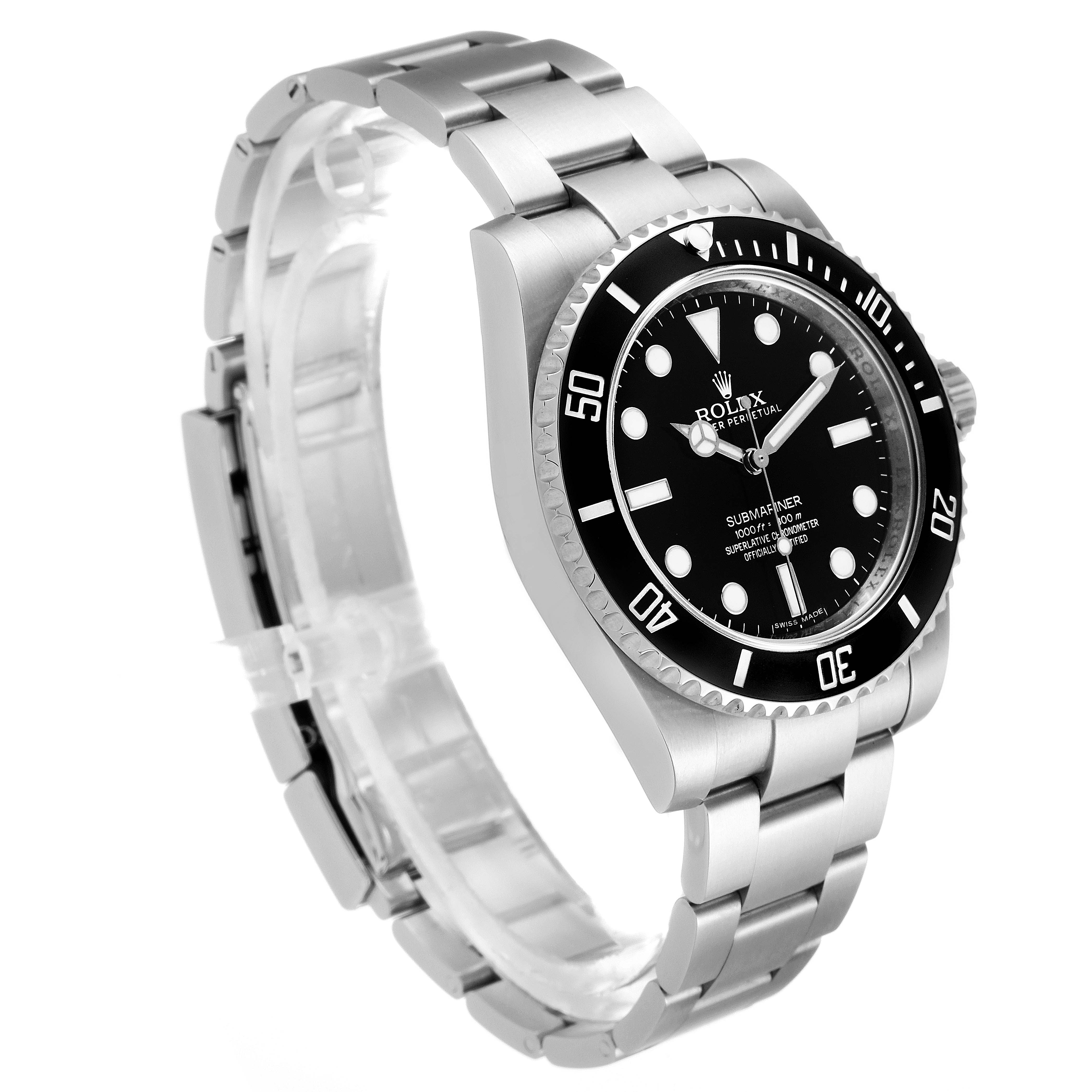 The image shows a side view of the Rolex Submariner 114060 Men's Stainless Steel Black Dial 114060 Men's Stainless Steel Black Dial watch highlighting its bezel, dial, and stainless steel bracelet.