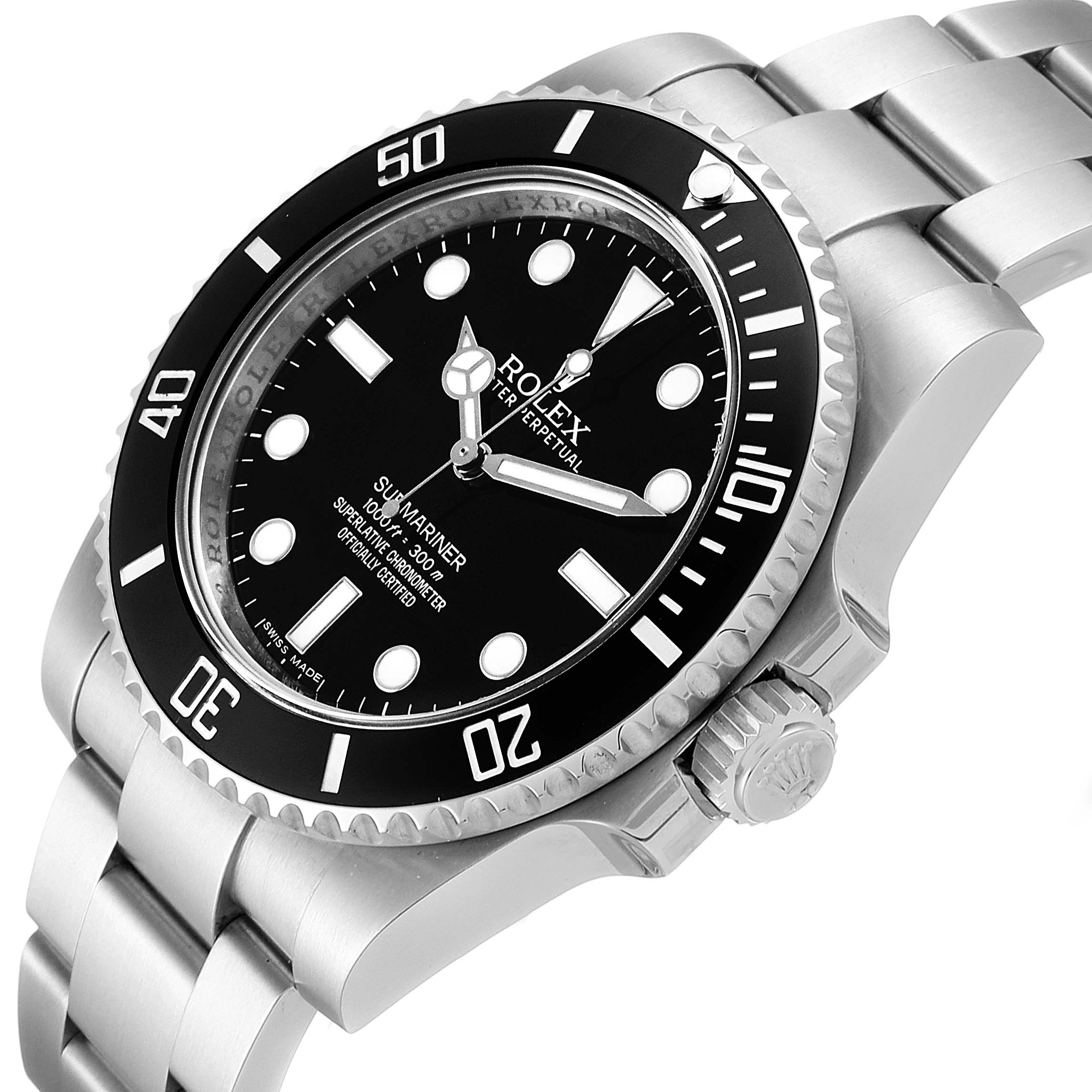 This image shows a Rolex Submariner 114060 Men's Stainless Steel Black Dial 114060 Men's Stainless Steel Black Dial watch from an angled side view, highlighting the bezel, dial, and part of the bracelet.