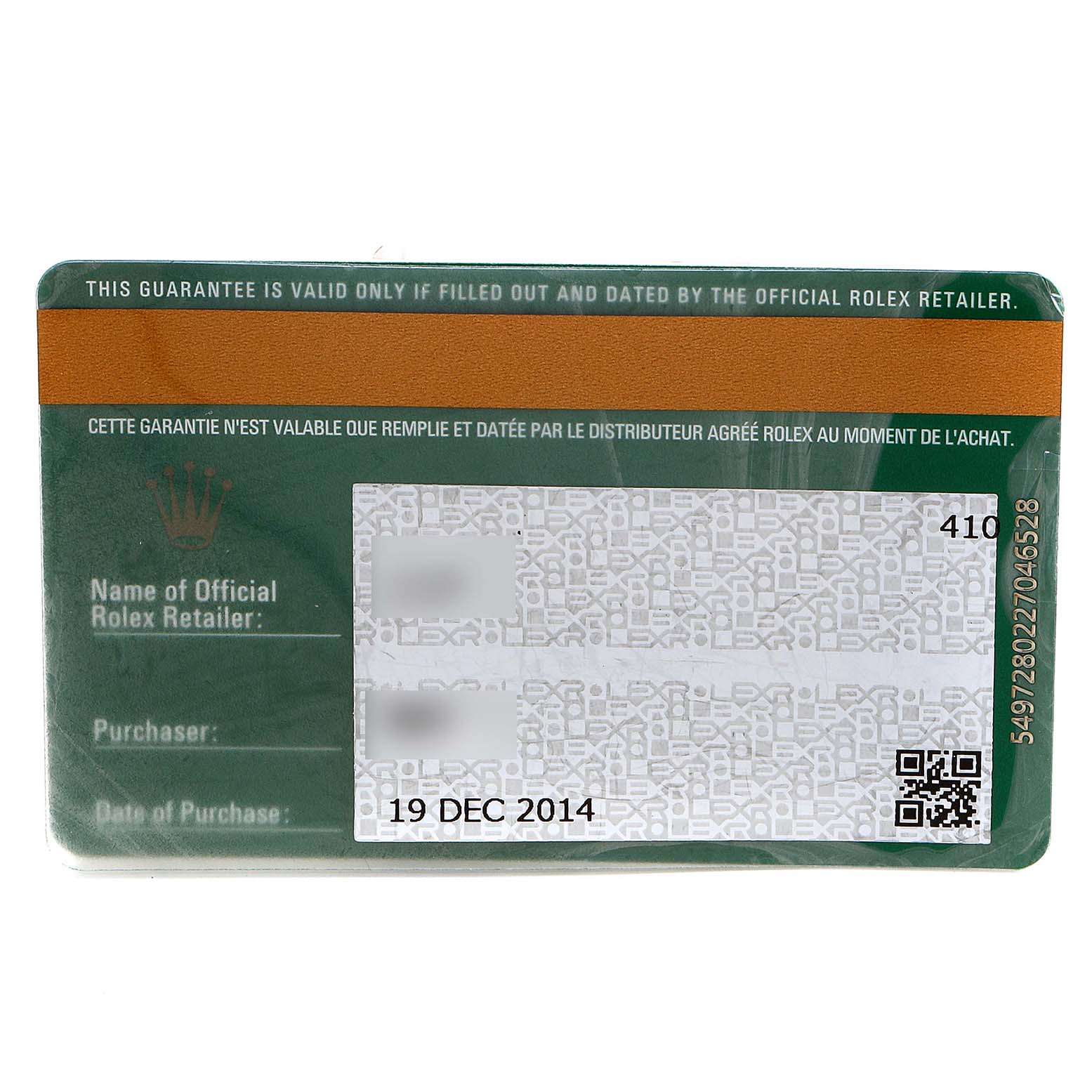 This image shows a warranty card for a Rolex Submariner 114060 Men's Stainless Steel Black Dial 114060 Men's Stainless Steel Black Dial model, including retailer information and date of purchase.