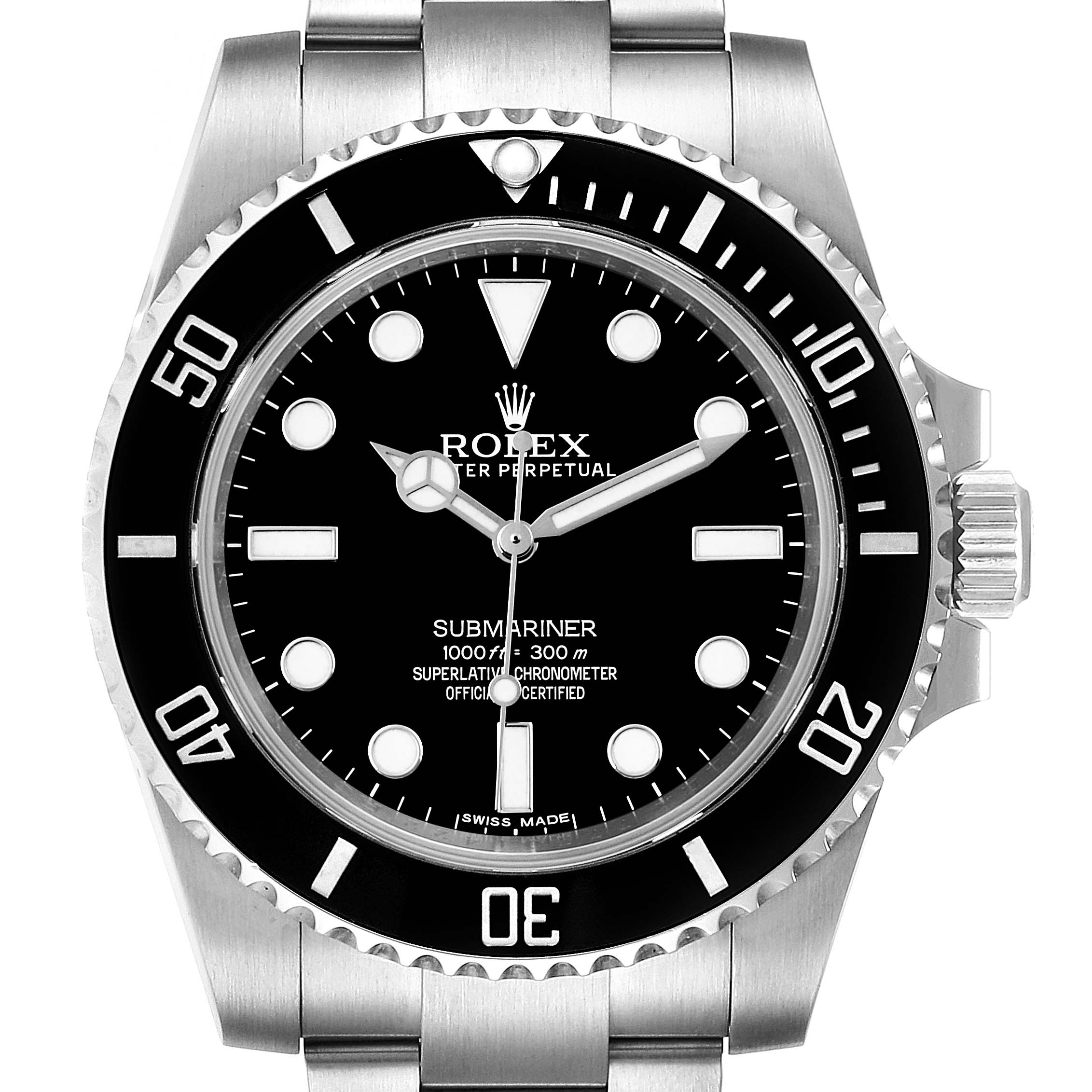 The Rolex Submariner 114060 Men's Stainless Steel Black Dial 114060 Men's Stainless Steel Black Dial watch is shown from a front angle, displaying the dial, hands, bezel, and part of the bracelet.