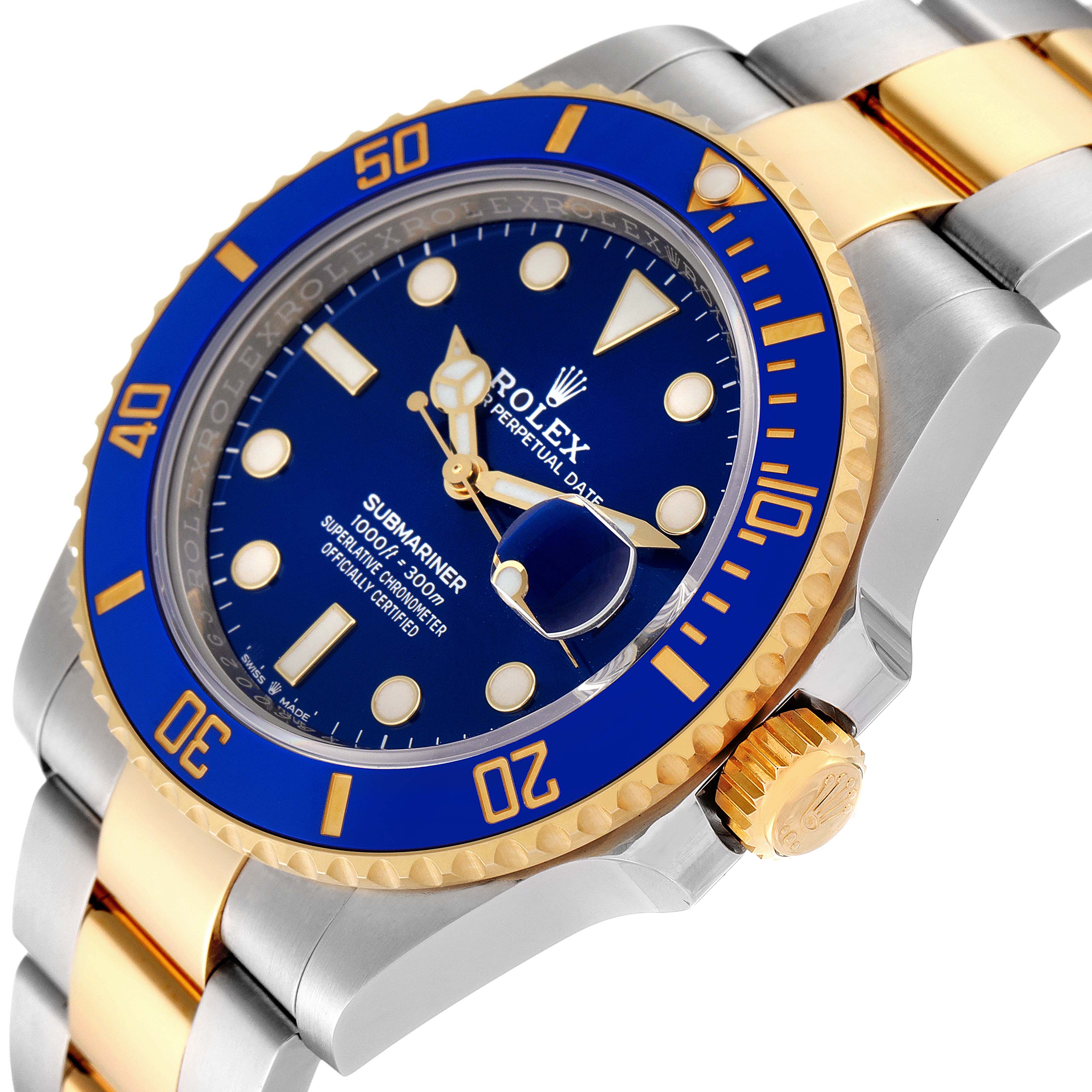 The image shows a Rolex Submariner 126613 Men
s Steel and Gold (two tone) Blue Dial 126613 Men
s Steel and Gold (two tone) Blue Dial watch from an angled view, highlighting the blue and gold bezel, dial, and part of the bracelet.