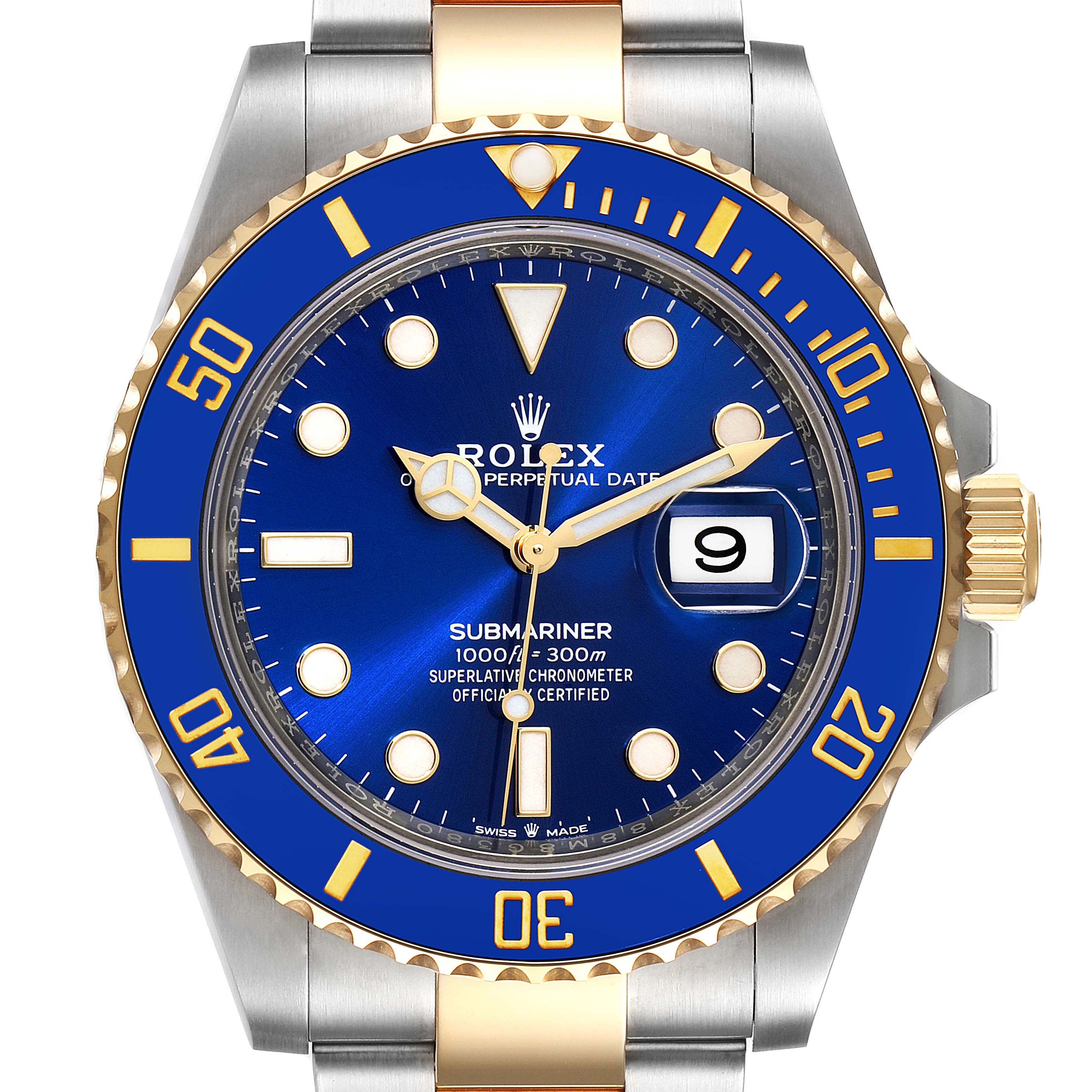 This image shows a front view of the Rolex Submariner 126613 Men
s Steel and Gold (two tone) Blue Dial 126613 Men
s Steel and Gold (two tone) Blue Dial watch, highlighting its blue dial, date window, and gold accents.