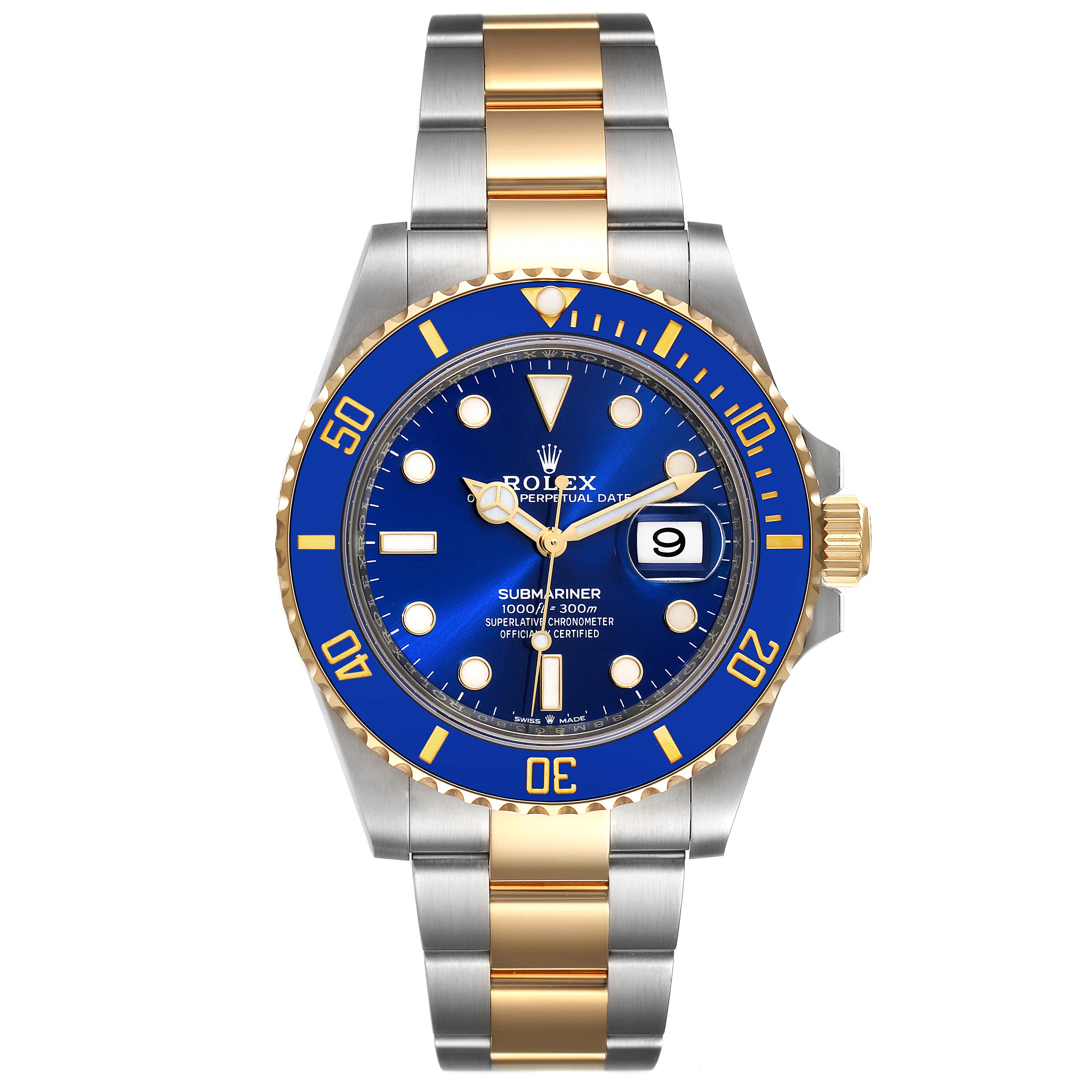 The image shows a front view of a Rolex Submariner 126613 Men
s Steel and Gold (two tone) Blue Dial 126613 Men
s Steel and Gold (two tone) Blue Dial watch, featuring a blue dial, gold accents, and a two-tone bracelet.