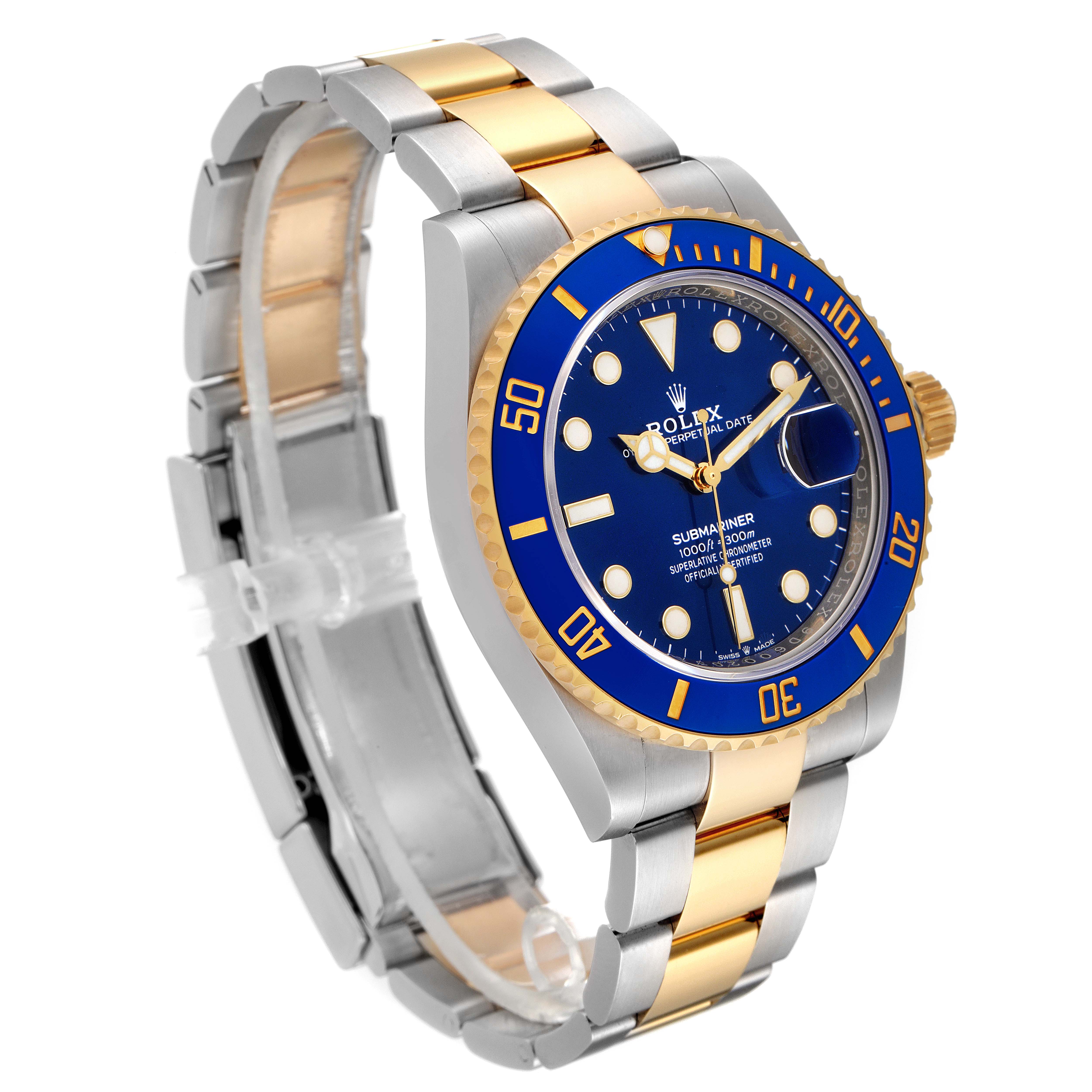 This image shows a Rolex Submariner 126613 Men
s Steel and Gold (two tone) Blue Dial 126613 Men
s Steel and Gold (two tone) Blue Dial watch at an angled view, highlighting its blue dial, bezel, and two-tone metal bracelet.