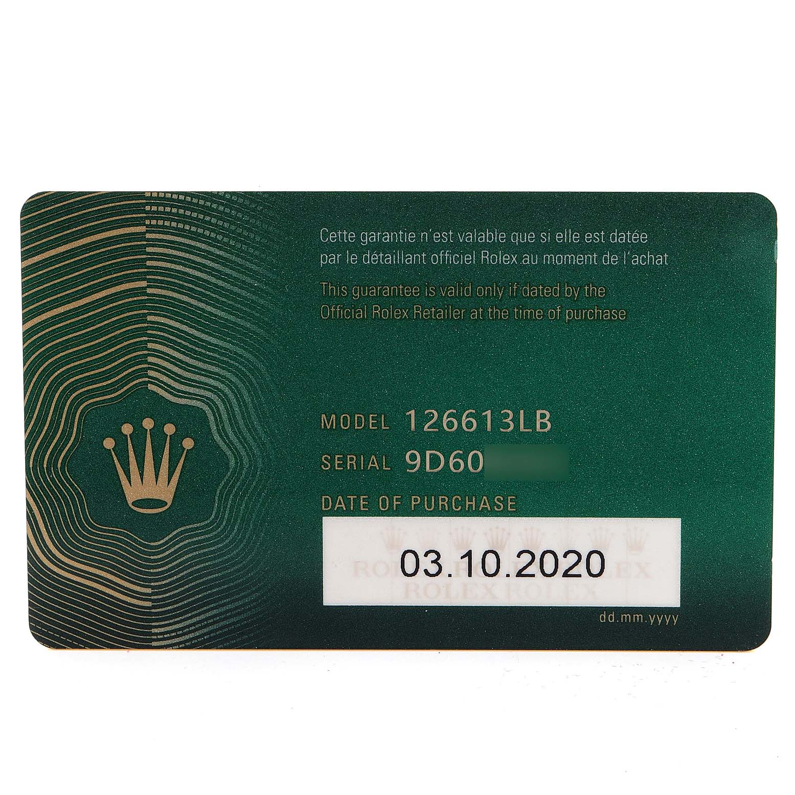 This image shows a warranty card for a Rolex Submariner 126613 Men
s Steel and Gold (two tone) Blue Dial 126613 Men
s Steel and Gold (two tone) Blue Dial model 126613LB, providing model, serial number, and purchase date.