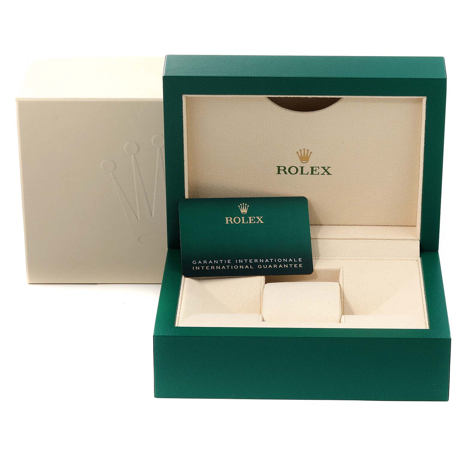 This image shows the inner and outer presentation boxes and the warranty card for a Rolex Submariner 126613 Men
s Steel and Gold (two tone) Blue Dial 126613 Men
s Steel and Gold (two tone) Blue Dial model watch.