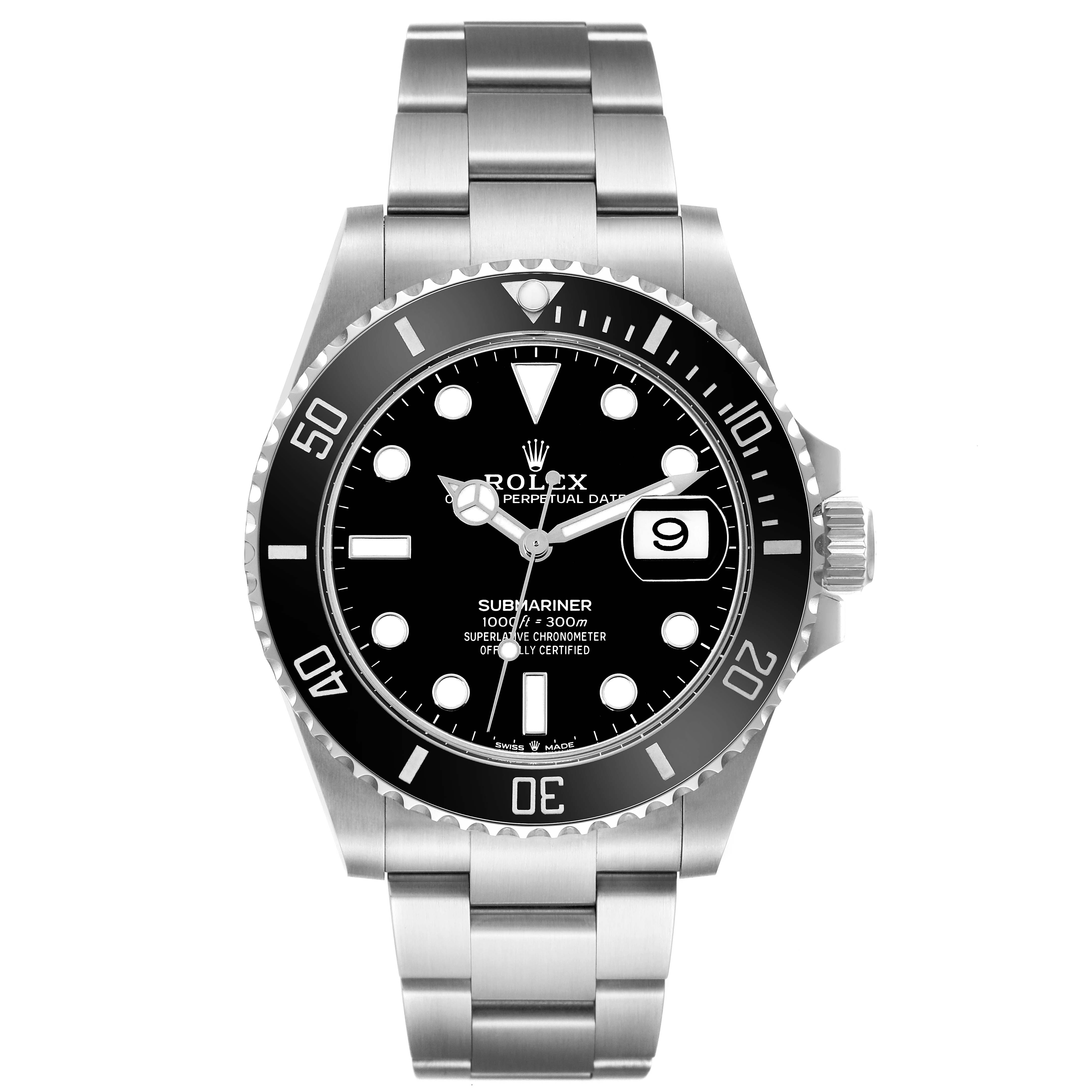 This image shows a front view of a Rolex Submariner 126610 Men
s Stainless Steel Black Dial 126610 Men
s Stainless Steel Black Dial watch, displaying the face, bezel, crown, and bracelet.