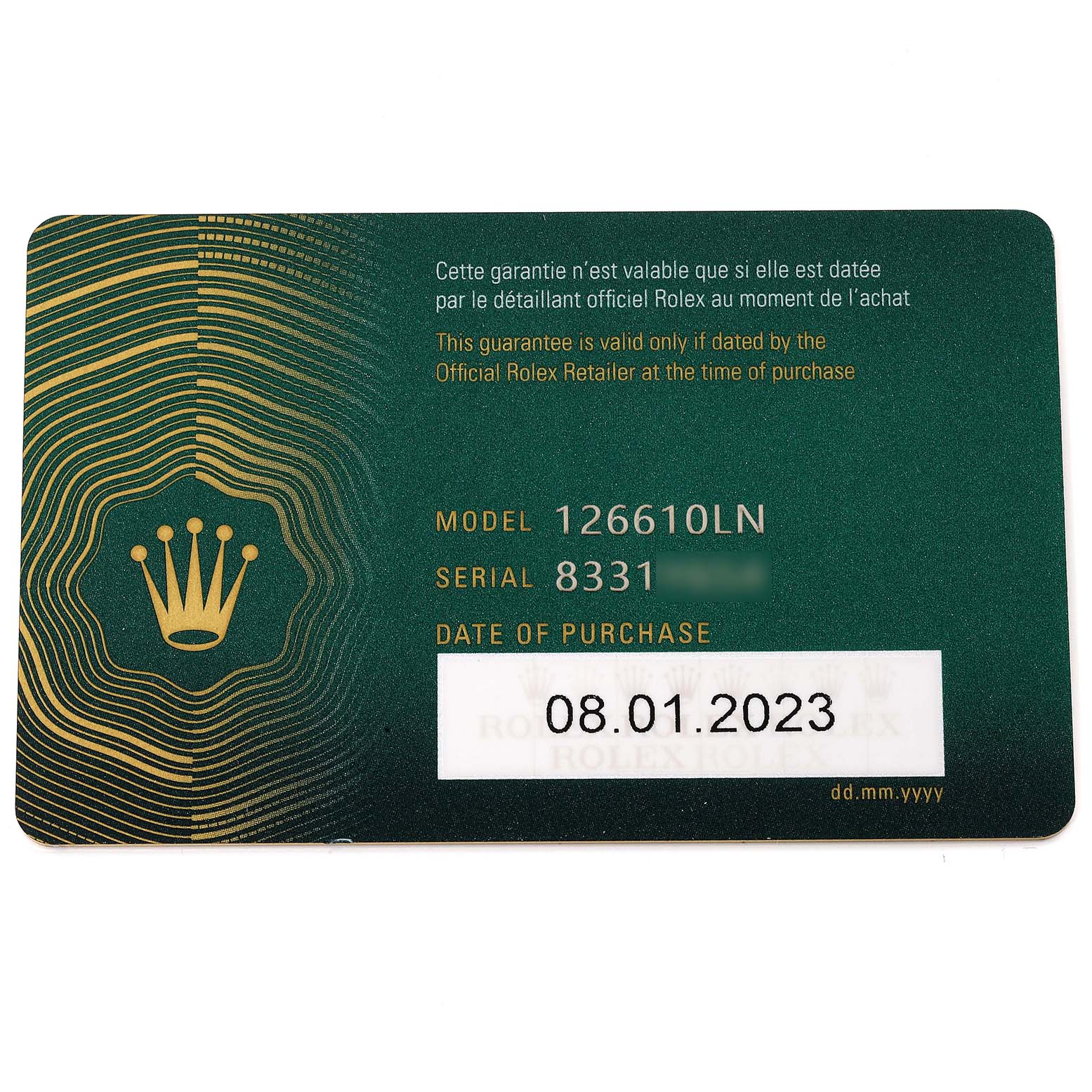 The image shows the guarantee card for the Rolex Submariner 126610 Men
s Stainless Steel Black Dial 126610 Men
s Stainless Steel Black Dial model 126610LN with a purchase date.