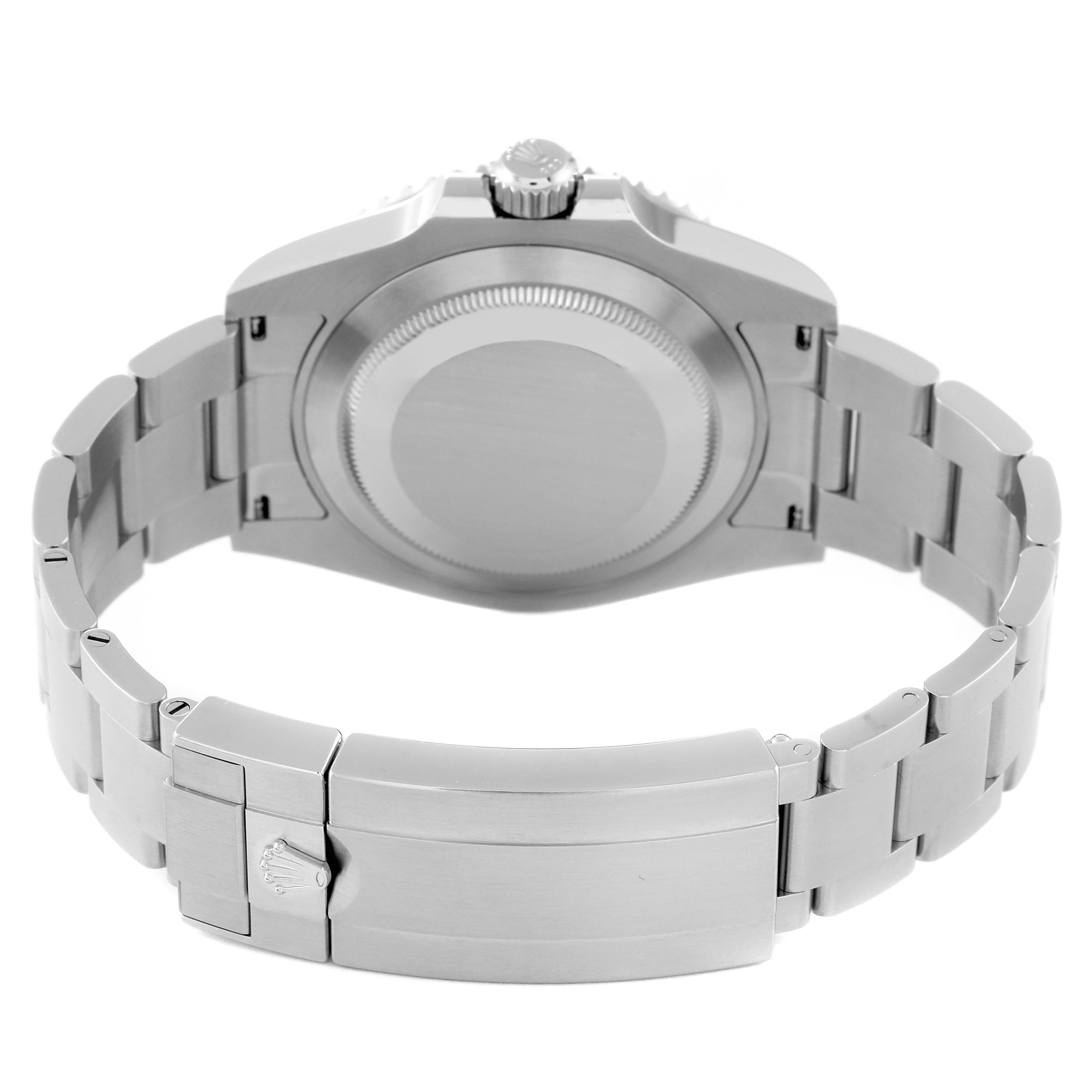 The image shows the backside of a Rolex Submariner 126610 Men
s Stainless Steel Black Dial 126610 Men
s Stainless Steel Black Dial watch, highlighting its case back, bracelet, and clasp.