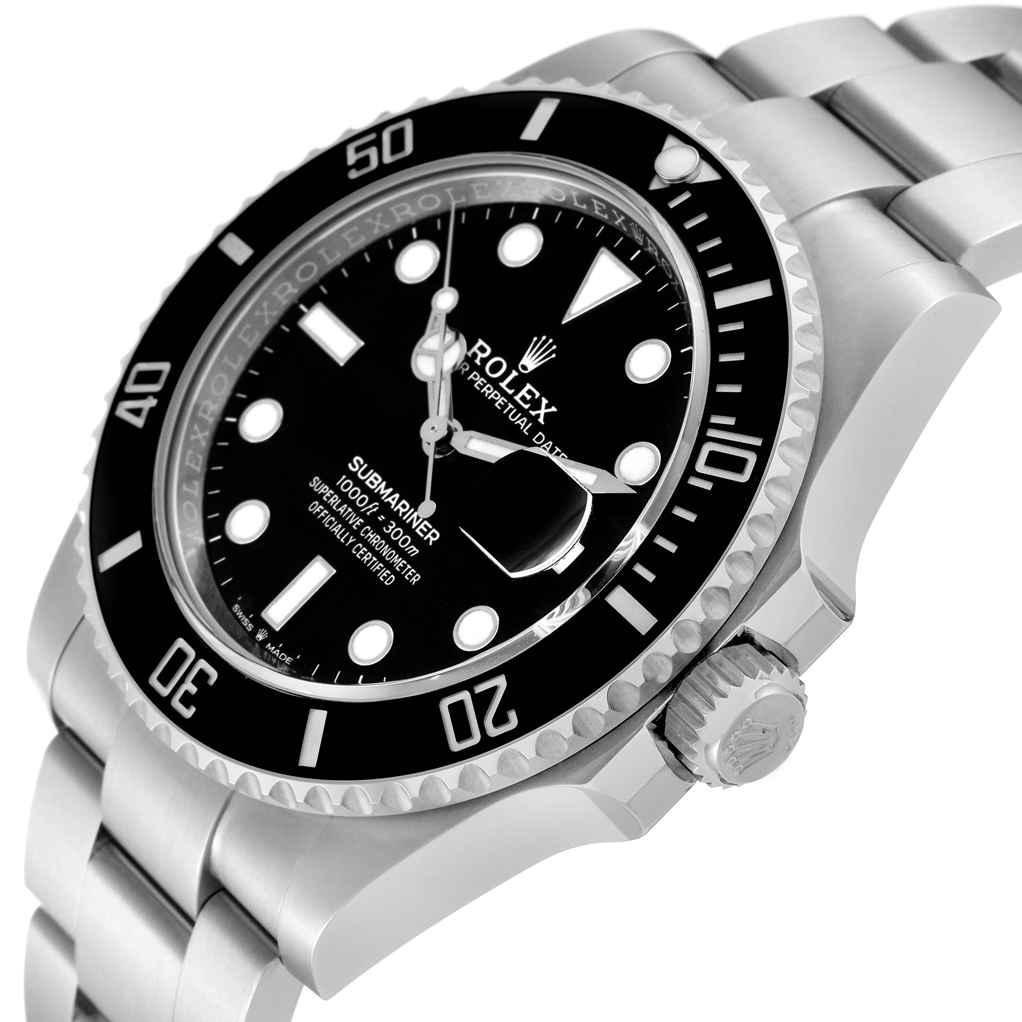 The image shows a side angle of the Rolex Submariner 126610 Men
s Stainless Steel Black Dial 126610 Men
s Stainless Steel Black Dial watch, highlighting the dial, bezel, crown, and part of the bracelet.