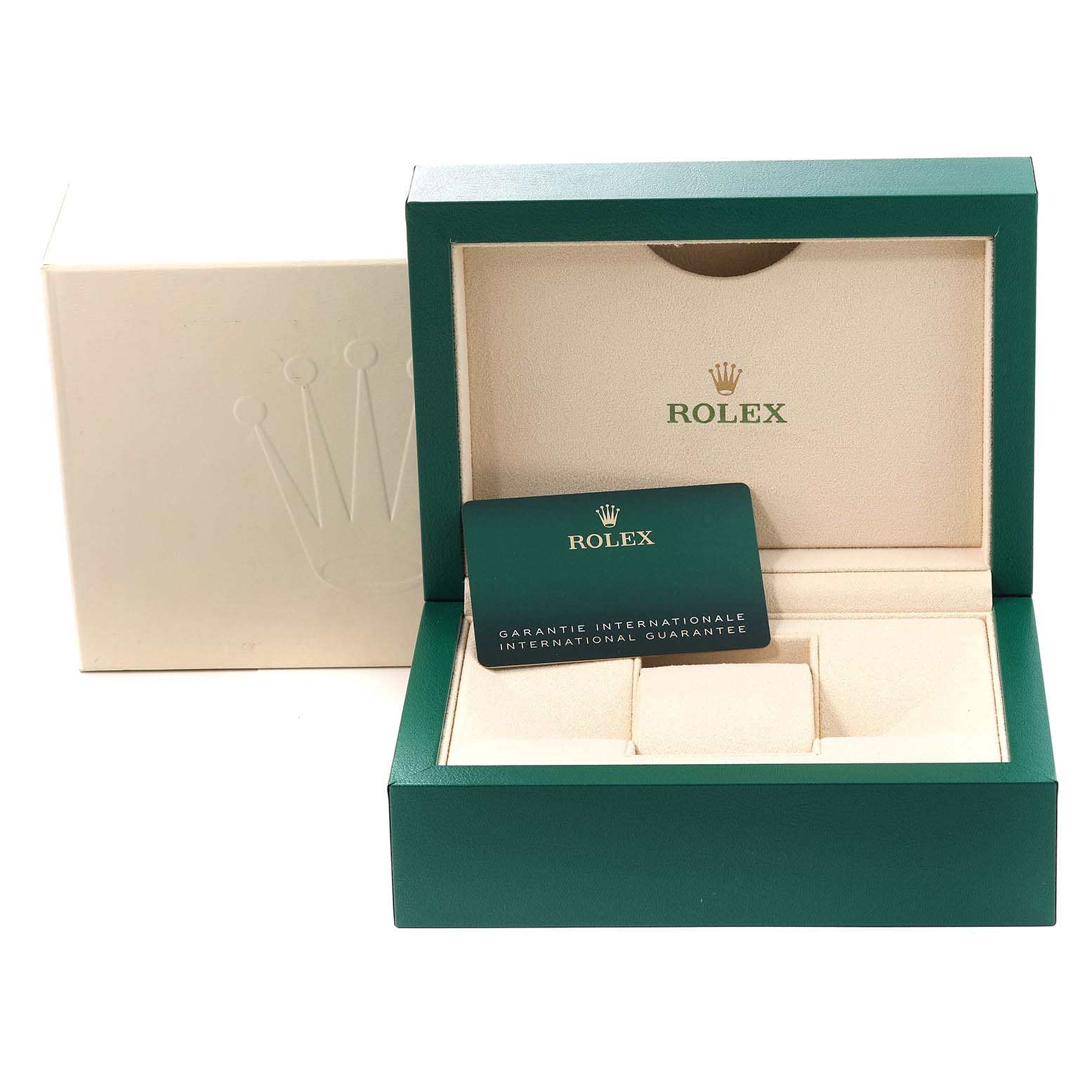 The image shows the open presentation box for a Rolex Submariner 126610 Men
s Stainless Steel Black Dial 126610 Men
s Stainless Steel Black Dial, featuring the guarantee card inside the box.