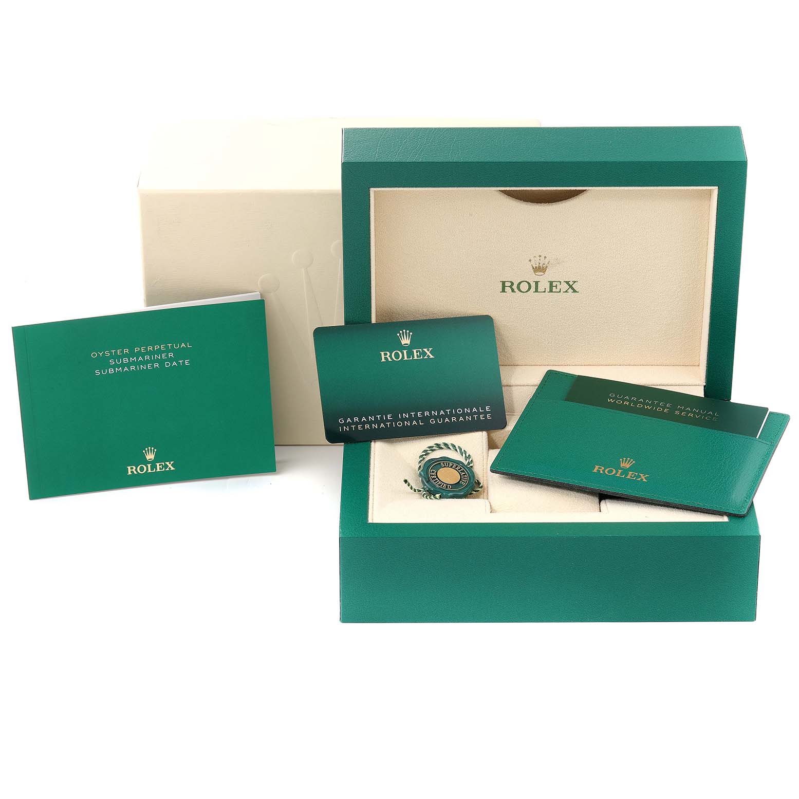 The image shows the packaging and accessories, including the manuals, guarantee card, and box for the Rolex Submariner 124060 Men's Stainless Steel Black Dial 124060 Men's Stainless Steel Black Dial watch.
