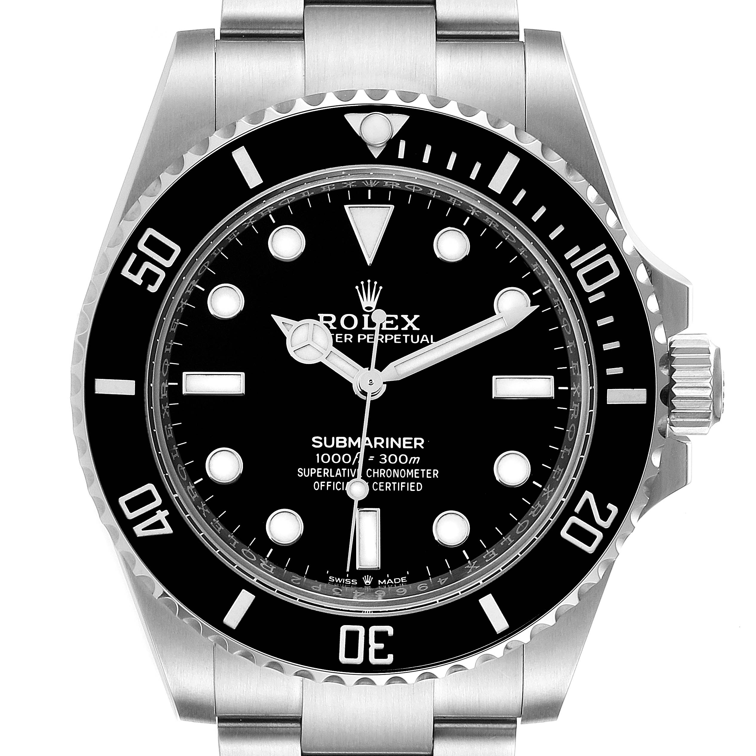The image shows a front view of a Rolex Submariner 124060 Men's Stainless Steel Black Dial 124060 Men's Stainless Steel Black Dial watch, highlighting its dial, bezel, bracelet, and crown.