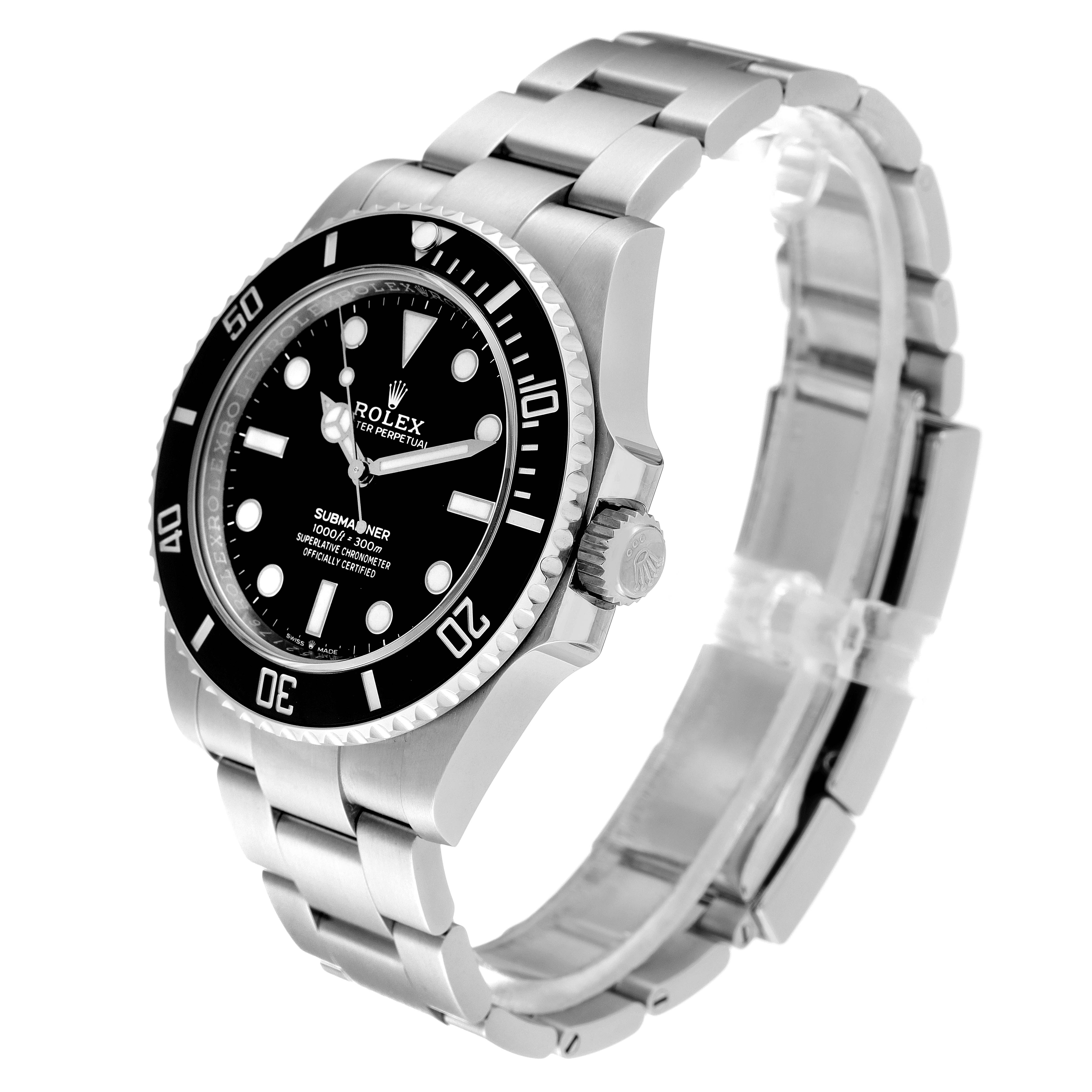 The Rolex Submariner 124060 Men's Stainless Steel Black Dial 124060 Men's Stainless Steel Black Dial watch is shown at a three-quarter angle highlighting the dial, bezel, crown, and bracelet.