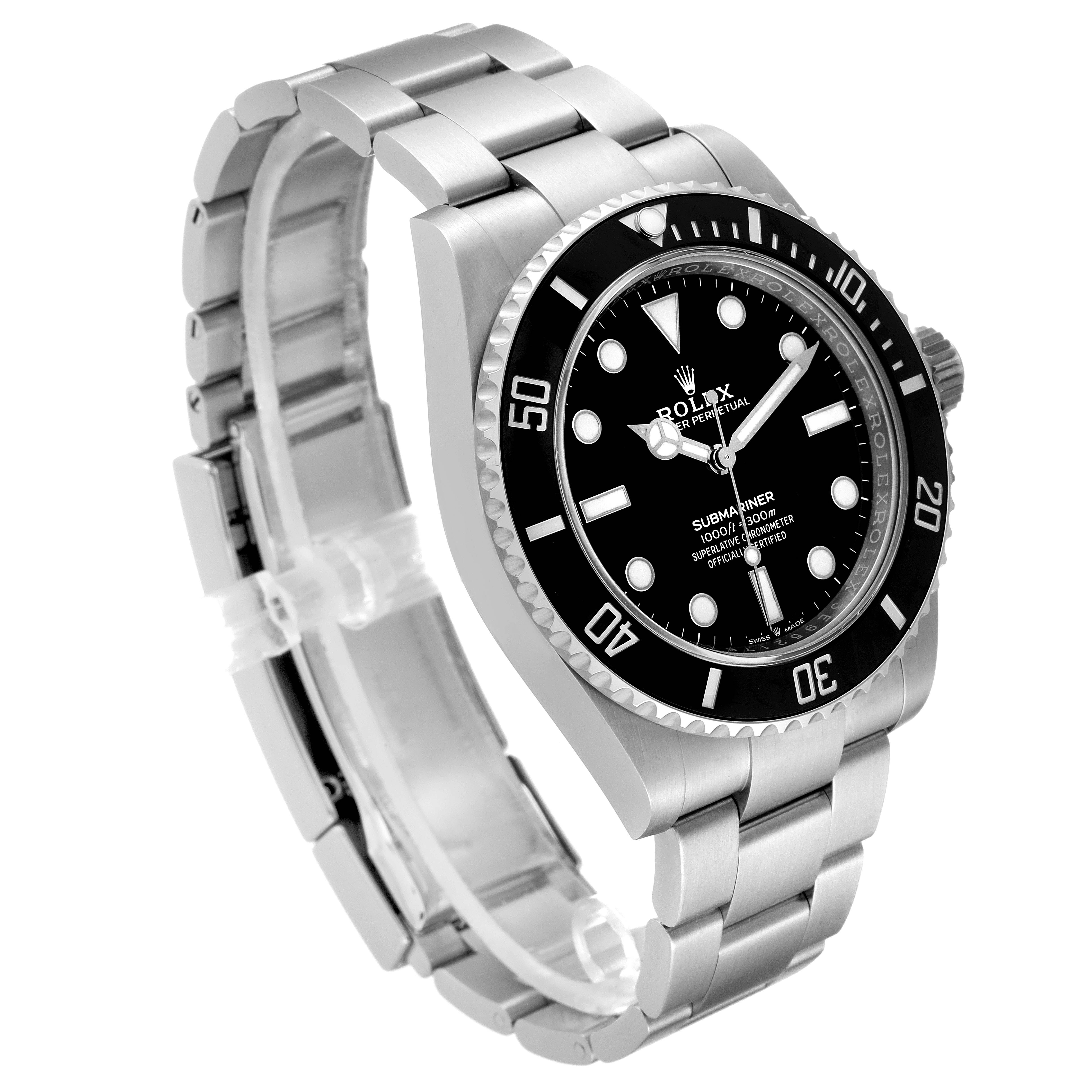 The image shows a Rolex Submariner 124060 Men's Stainless Steel Black Dial 124060 Men's Stainless Steel Black Dial watch from an angled front view highlighting its bezel, dial, and metal bracelet.