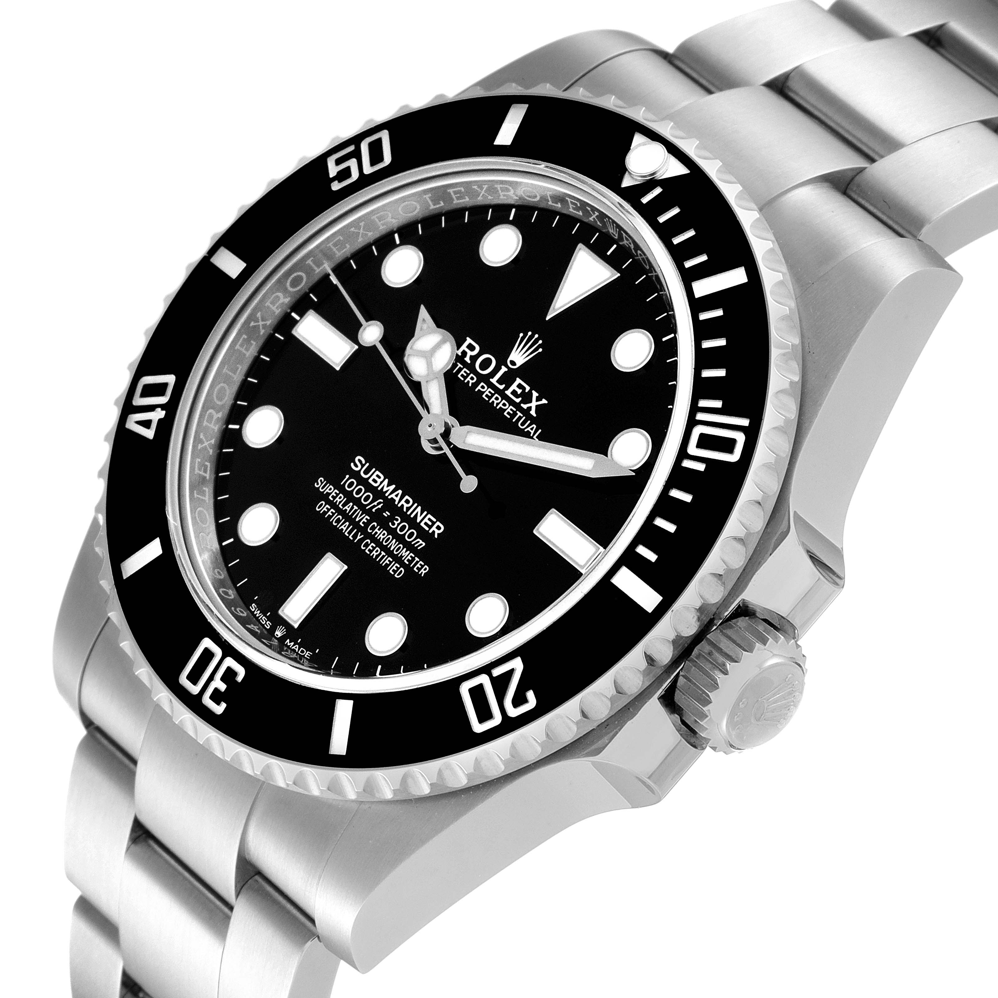 The image shows a close-up, angled view of the face, bezel, crown, and bracelet of the Rolex Submariner 124060 Men
s Stainless Steel Black Dial 124060 Men
s Stainless Steel Black Dial watch.