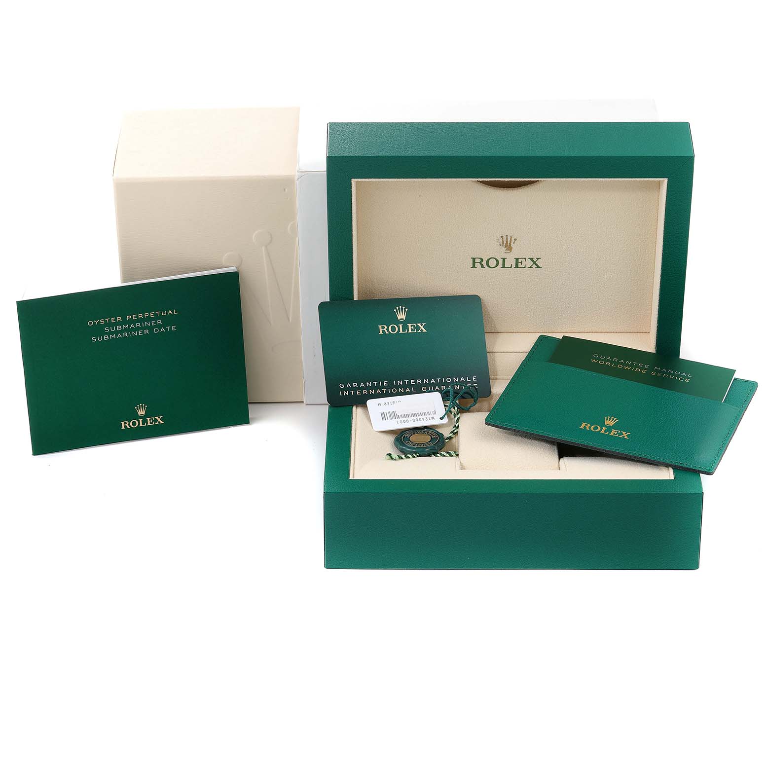 The image shows the packaging, warranty card, manuals, and box for a Rolex Submariner 124060 Men
s Stainless Steel Black Dial 124060 Men
s Stainless Steel Black Dial watch, all taken from a top-down angle.