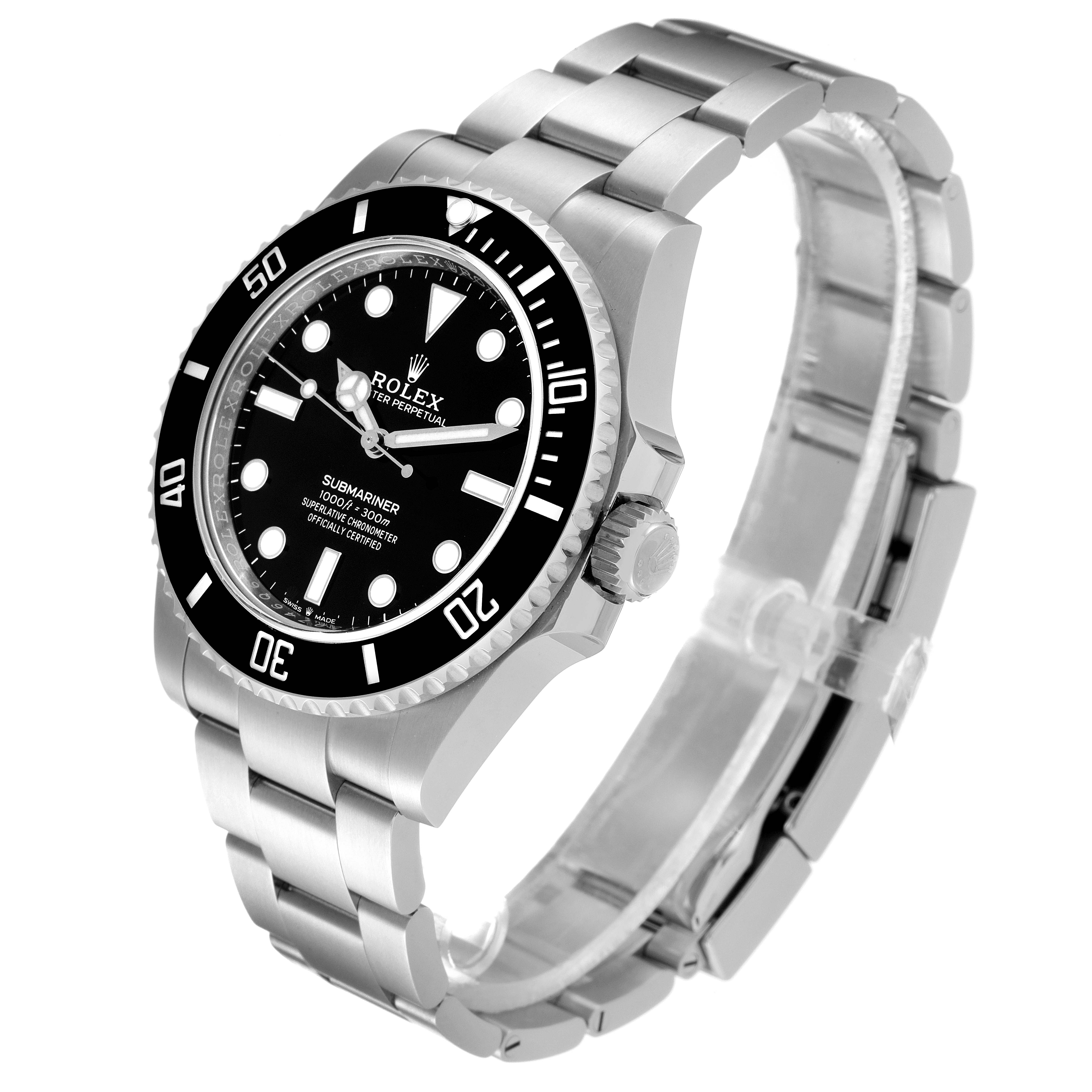 The image shows a Rolex Submariner 124060 Men
s Stainless Steel Black Dial 124060 Men
s Stainless Steel Black Dial watch from a three-quarter angle, displaying its face, bezel, and metal bracelet.