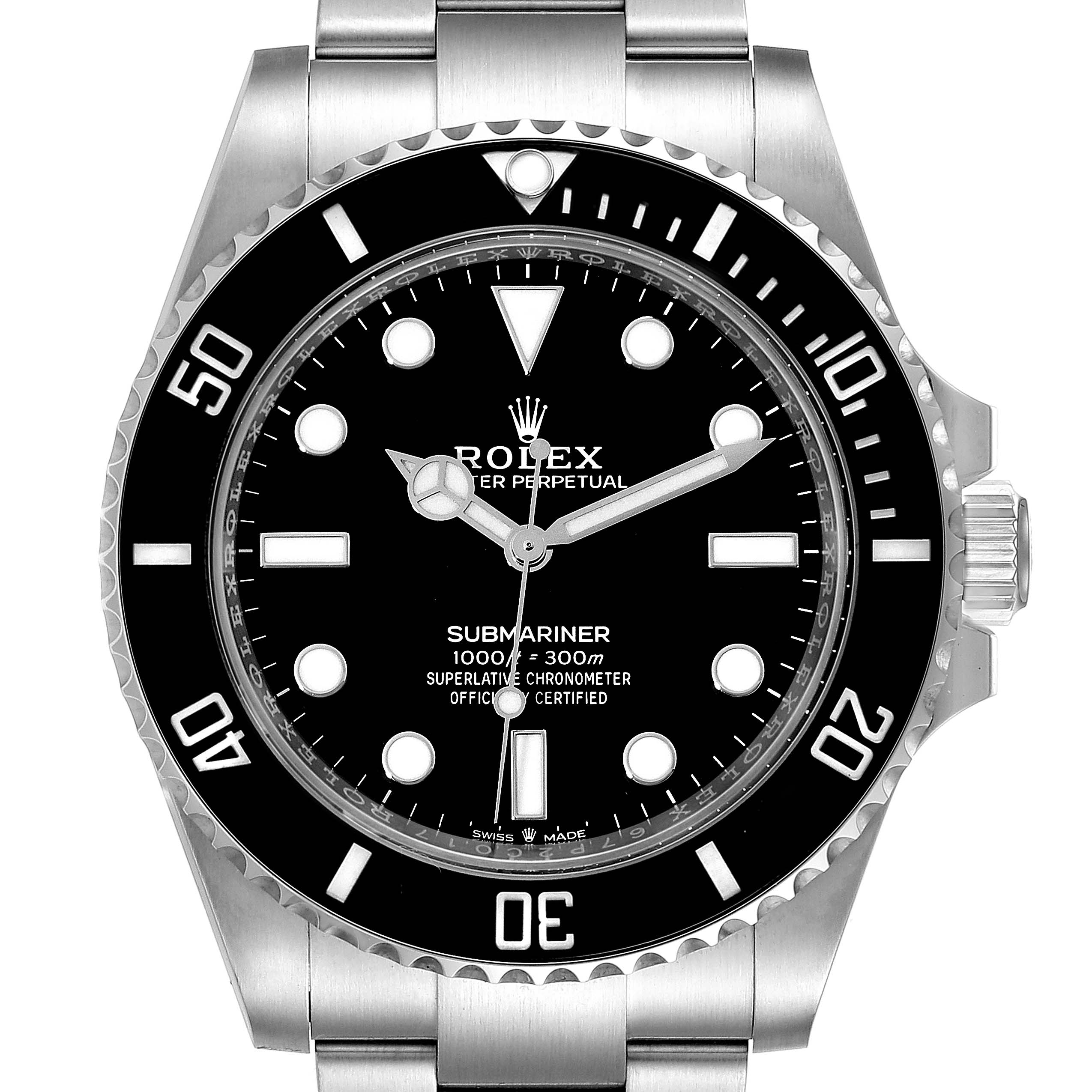 This is a front view of the Rolex Submariner 124060 Men
s Stainless Steel Black Dial 124060 Men
s Stainless Steel Black Dial watch, showing the black dial, bezel, luminescent markers, and the stainless steel bracelet.