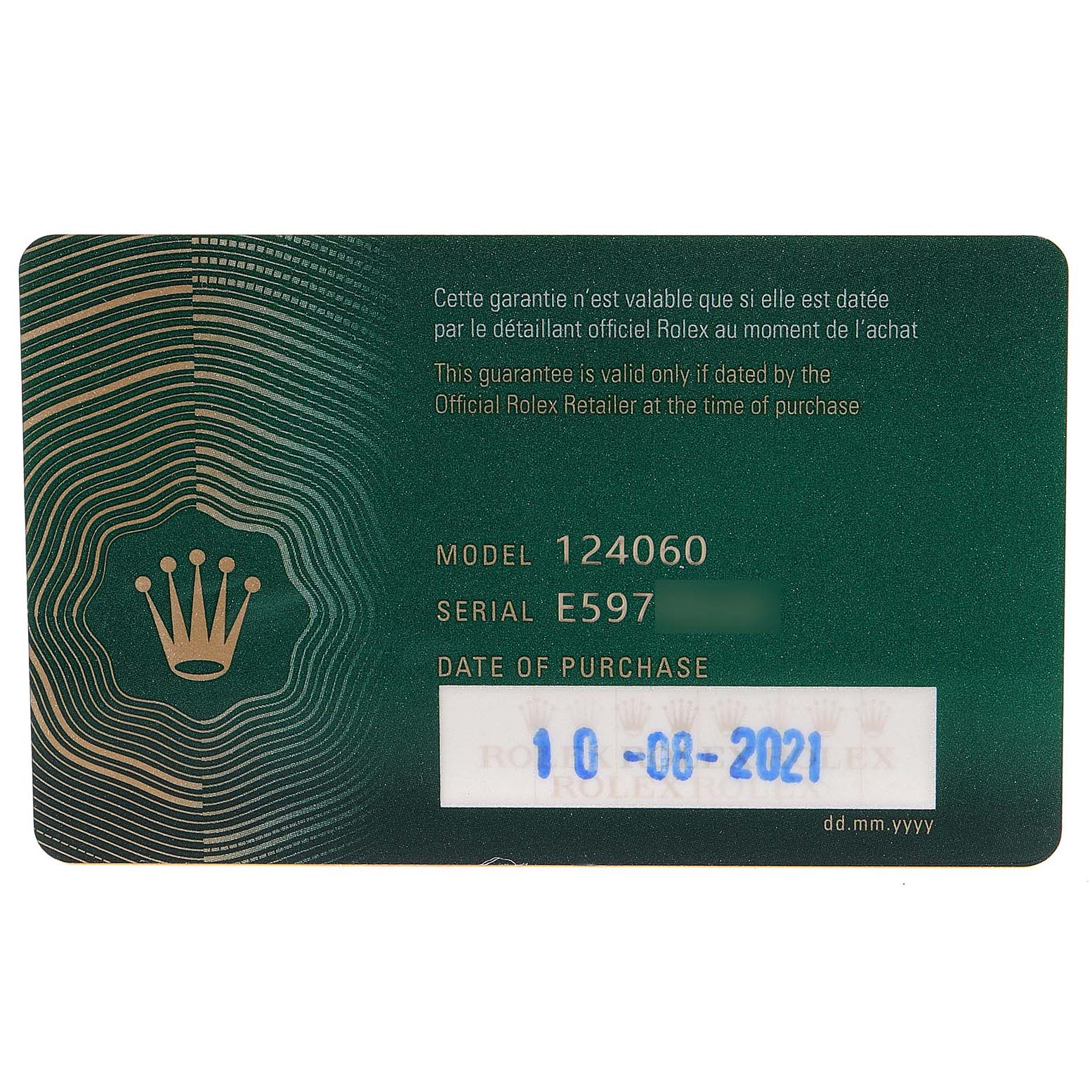 This image shows the official warranty card for a Rolex Submariner 124060 Men
s Stainless Steel Black Dial 124060 Men
s Stainless Steel Black Dial model 124060, detailing purchase date and serial number.