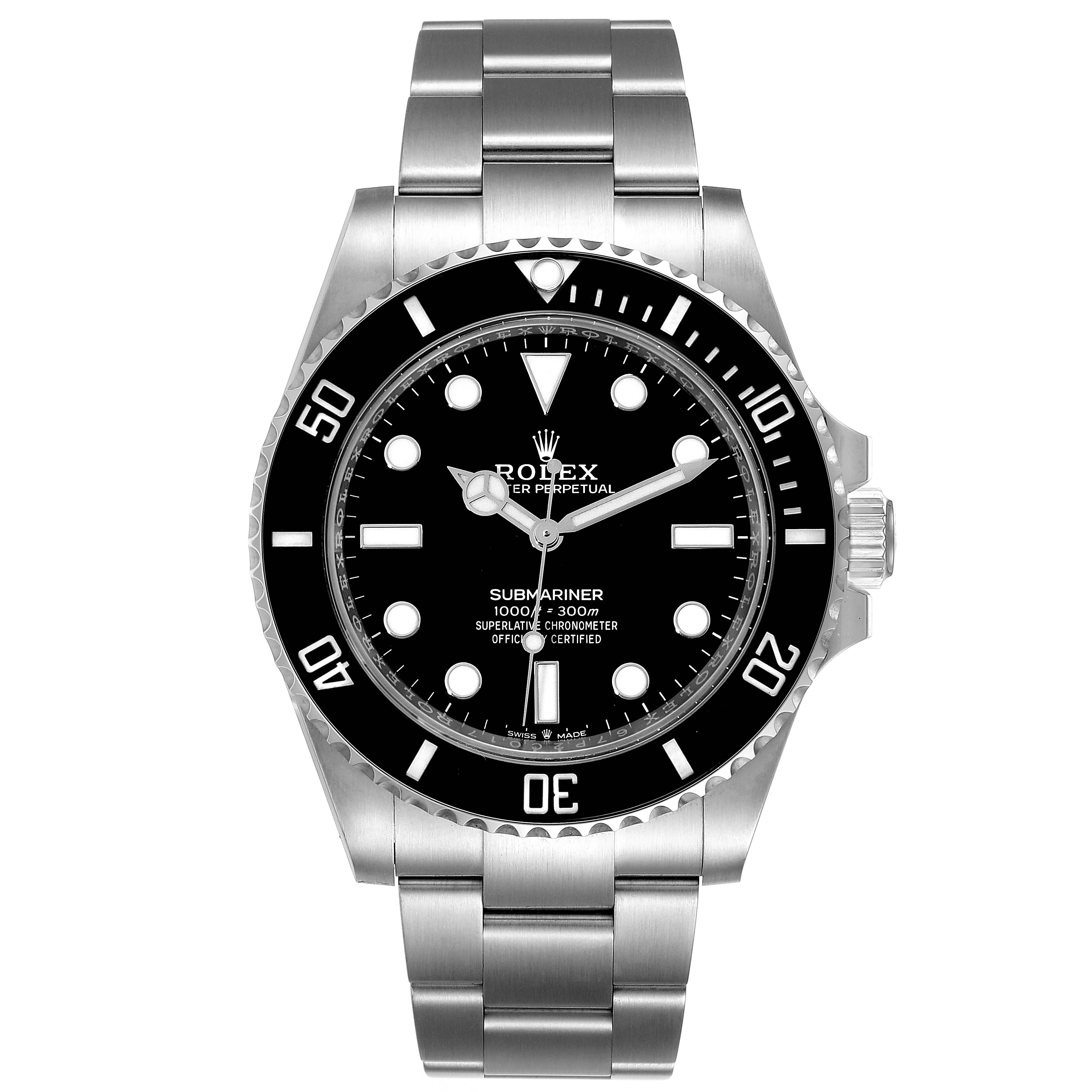 This is a front view of a Rolex Submariner 124060 Men
s Stainless Steel Black Dial 124060 Men
s Stainless Steel Black Dial watch, showing the dial, bezel, and stainless steel bracelet.