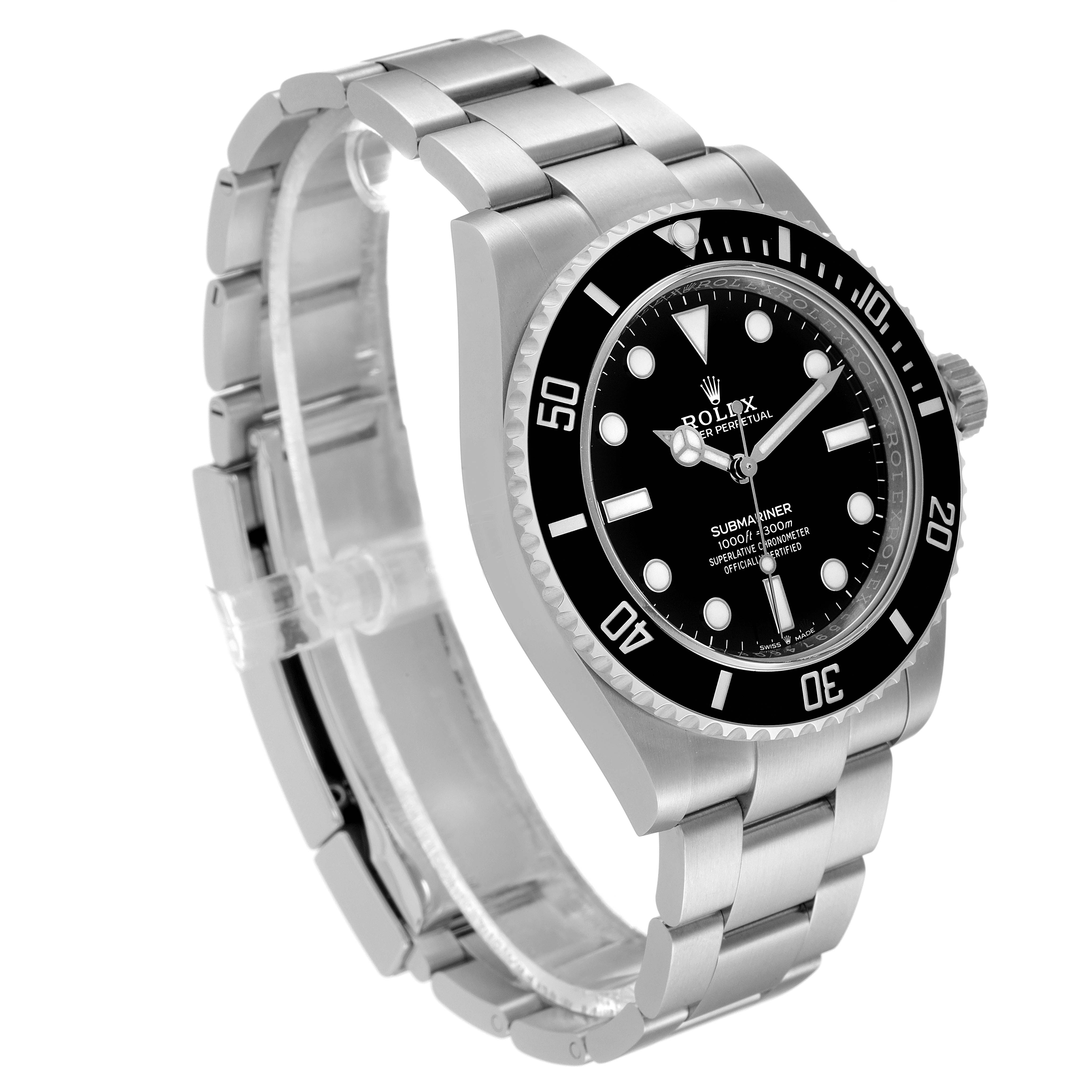 The image shows a Rolex Submariner 124060 Men
s Stainless Steel Black Dial 124060 Men
s Stainless Steel Black Dial watch at an angled side view, displaying its dial, bezel, crown, and bracelet.