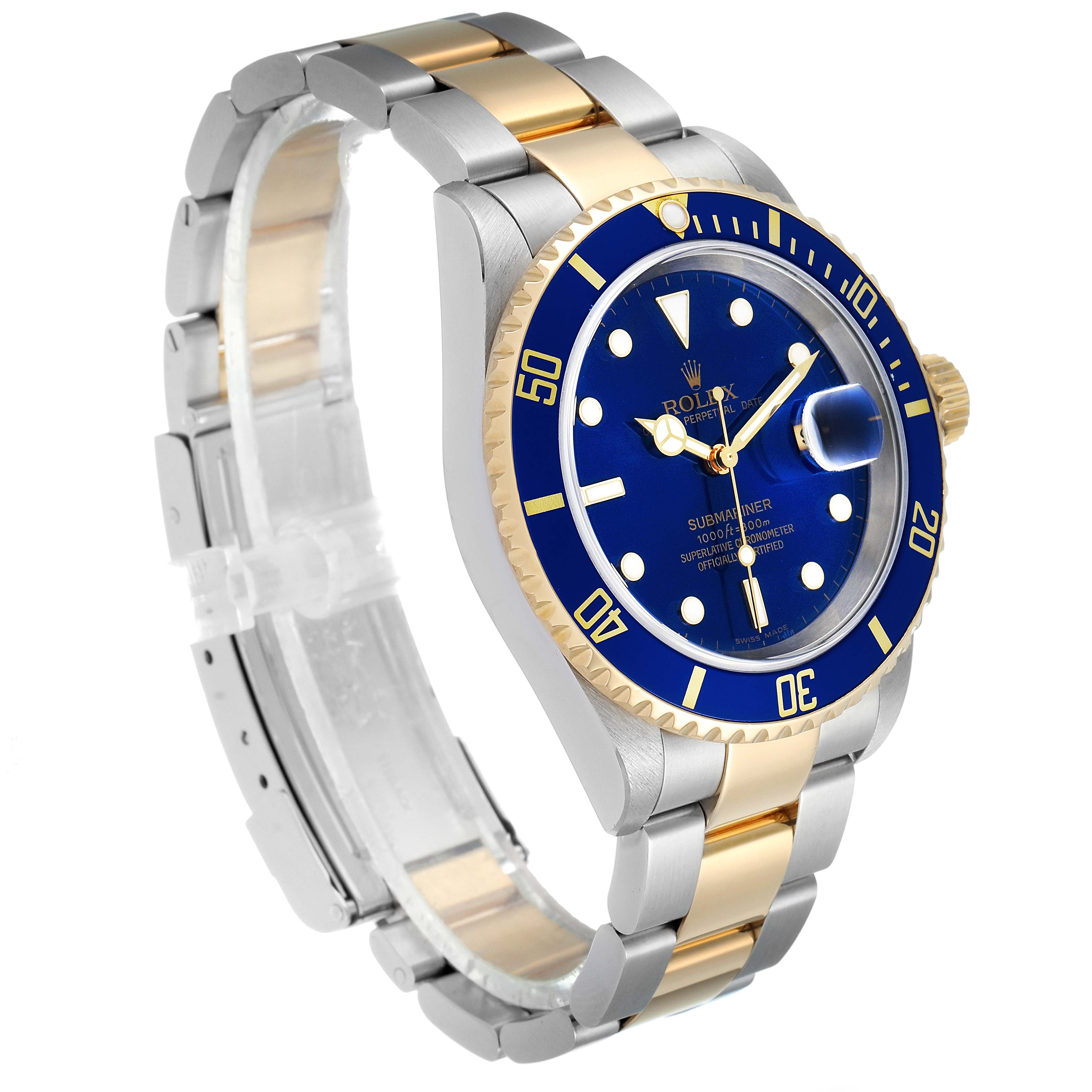 The image shows a side angle of a Rolex Submariner 16613 Men's Steel and Gold (two tone) Blue Dial 16613 Men's Steel and Gold (two tone) Blue Dial watch, highlighting the dual-tone metal bracelet and blue bezel and dial.